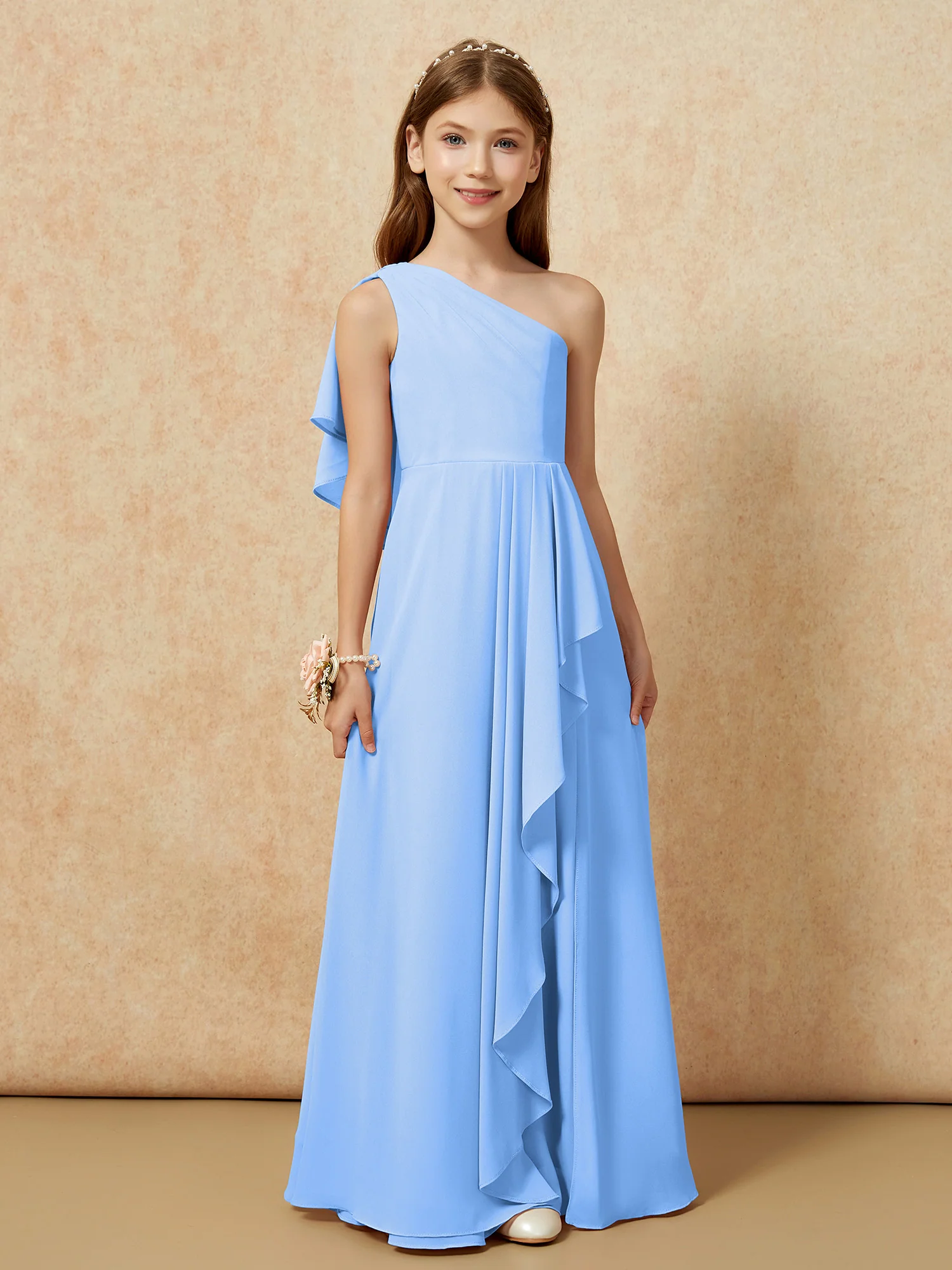 One Sholder A-line Long Chiffon Junior Bridesmaid Dress Blue - Image 4