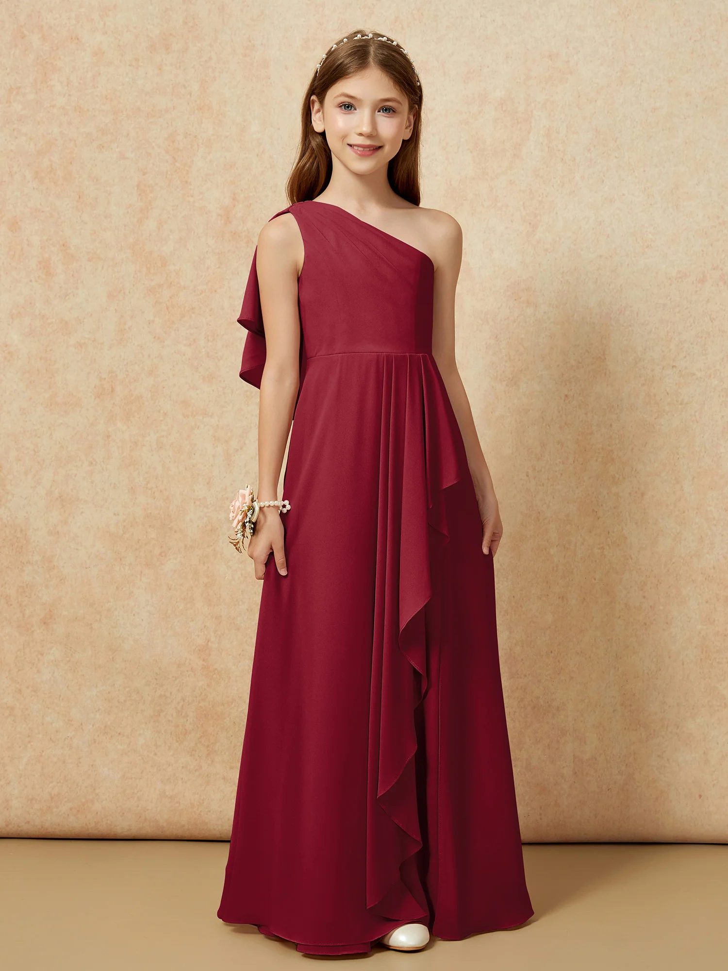 One Sholder A-line Long Chiffon Junior Bridesmaid Dress Burgundy - Image 4