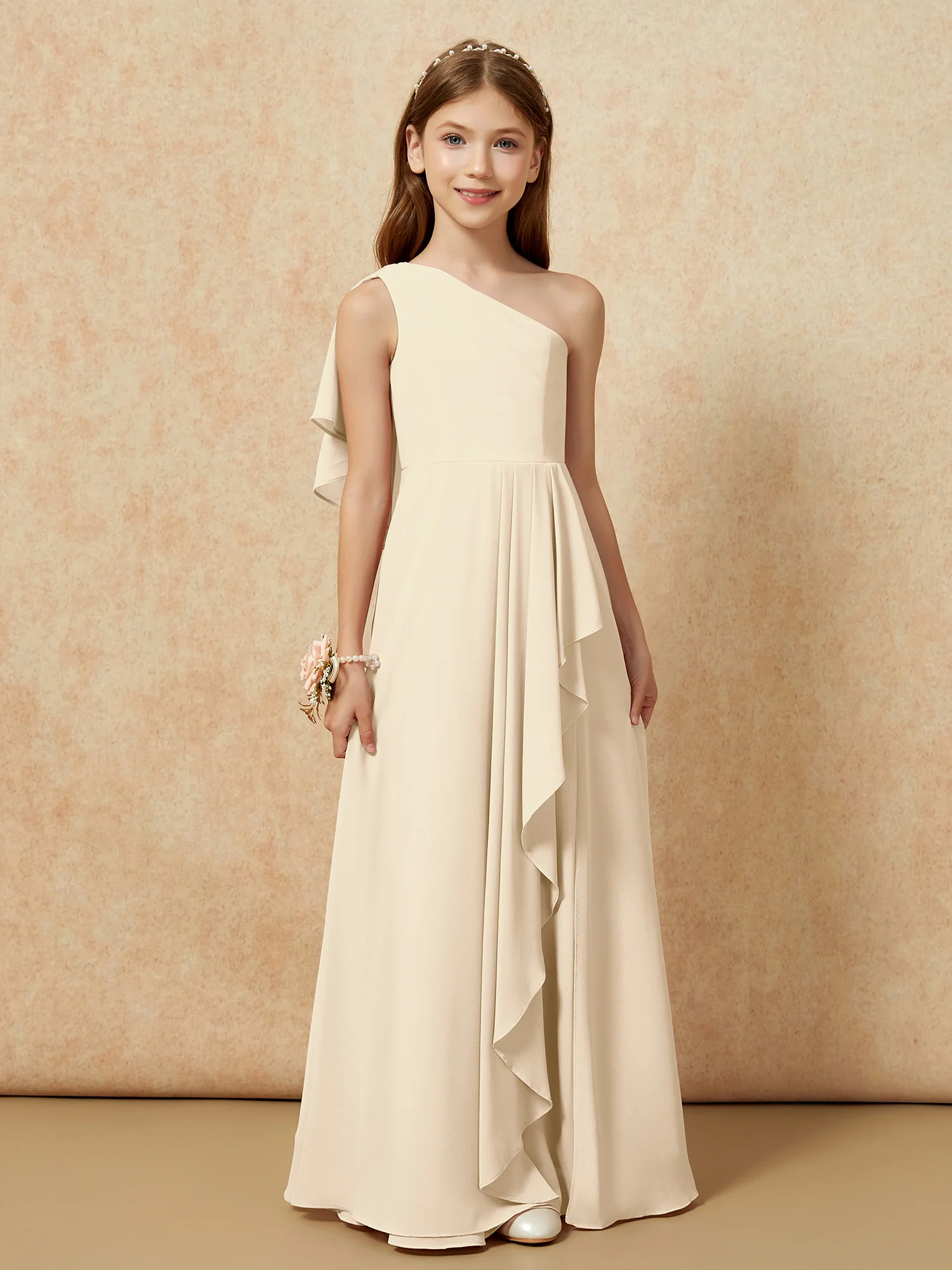 One Sholder A-line Long Chiffon Junior Bridesmaid Dress Champagne - Image 4