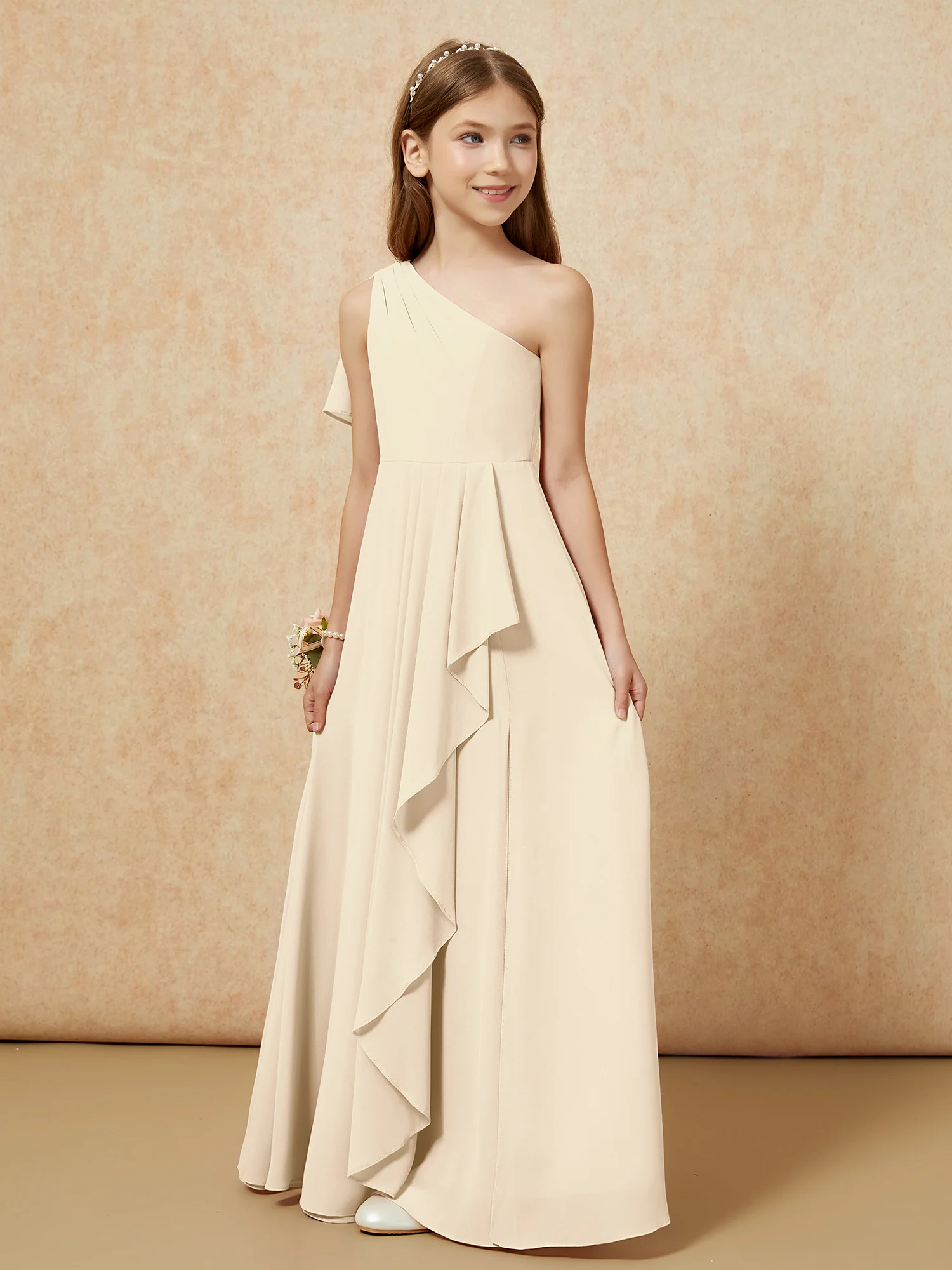 One Sholder A-line Long Chiffon Junior Bridesmaid Dress Champagne - Image 5