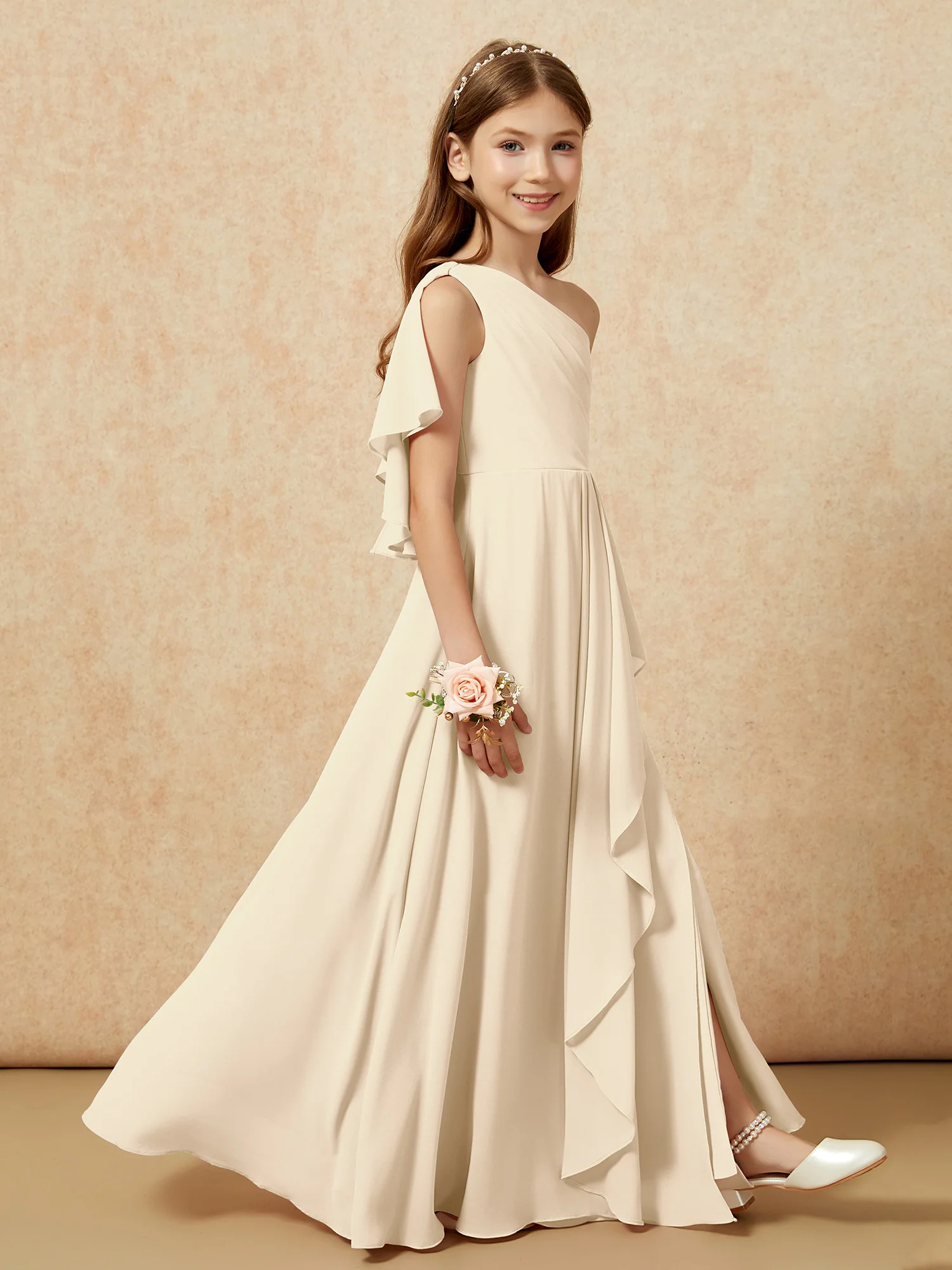 One Sholder A-line Long Chiffon Junior Bridesmaid Dress Champagne - Image 6