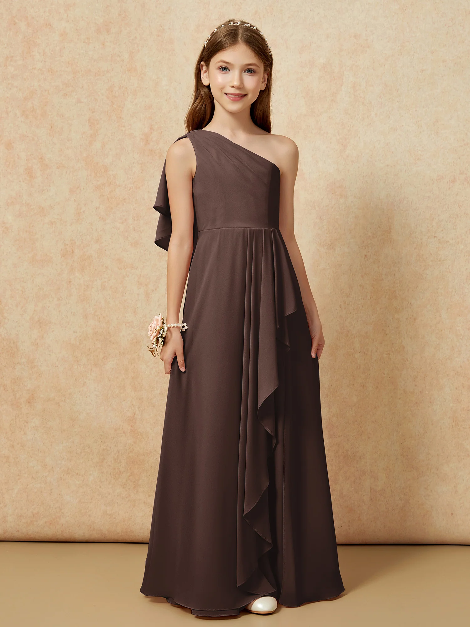 One Sholder A-line Long Chiffon Junior Bridesmaid Dress Chocolate - Image 4