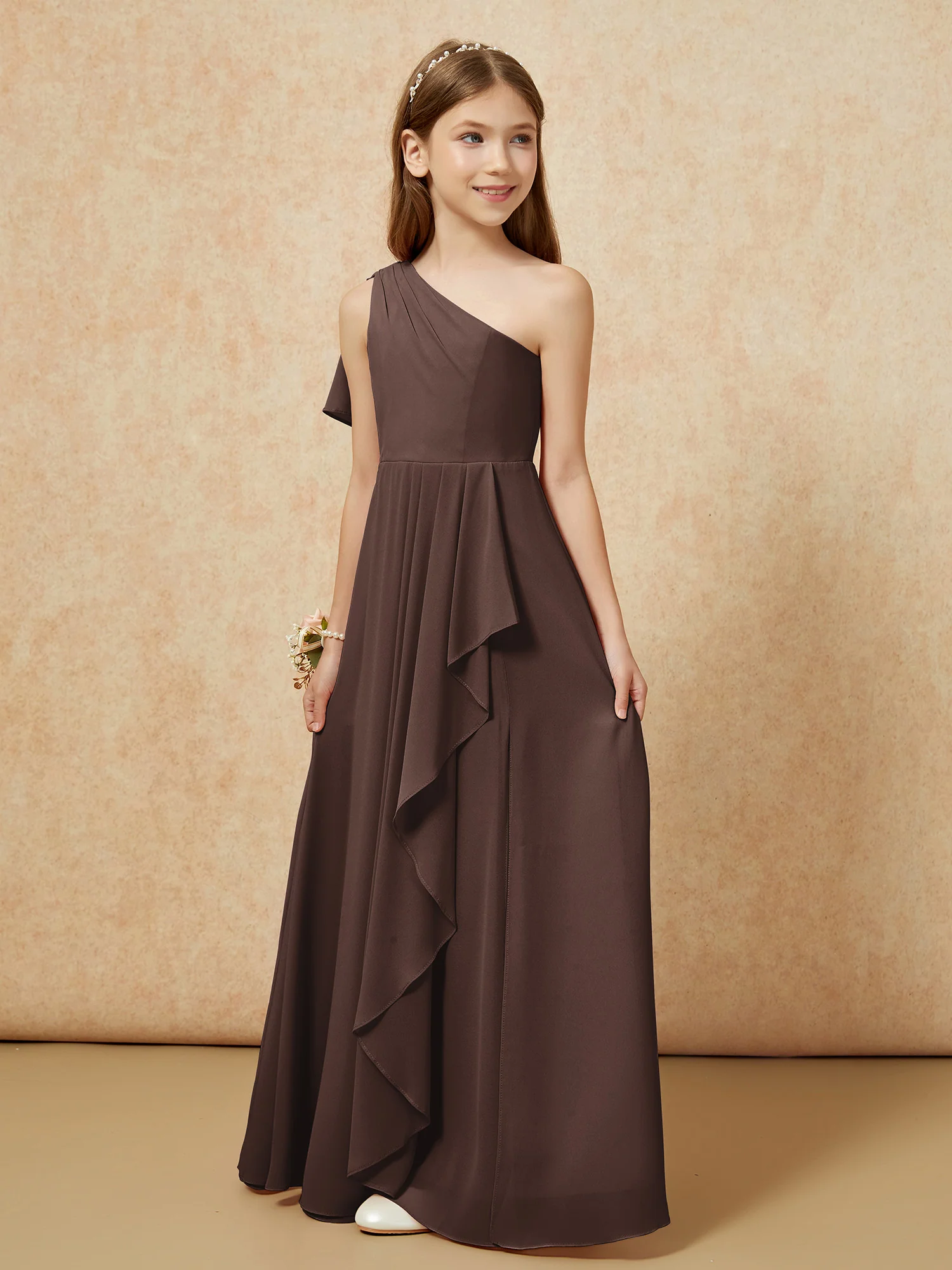 One Sholder A-line Long Chiffon Junior Bridesmaid Dress Chocolate - Image 5