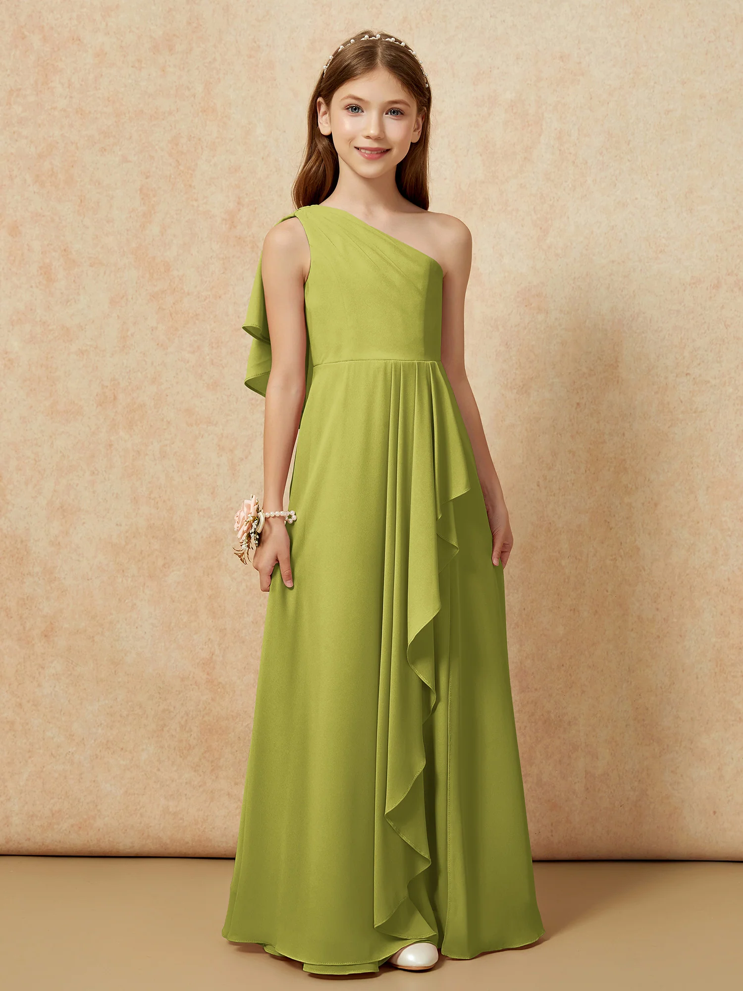 One Sholder A-line Long Chiffon Junior Bridesmaid Dress Clover - Image 4