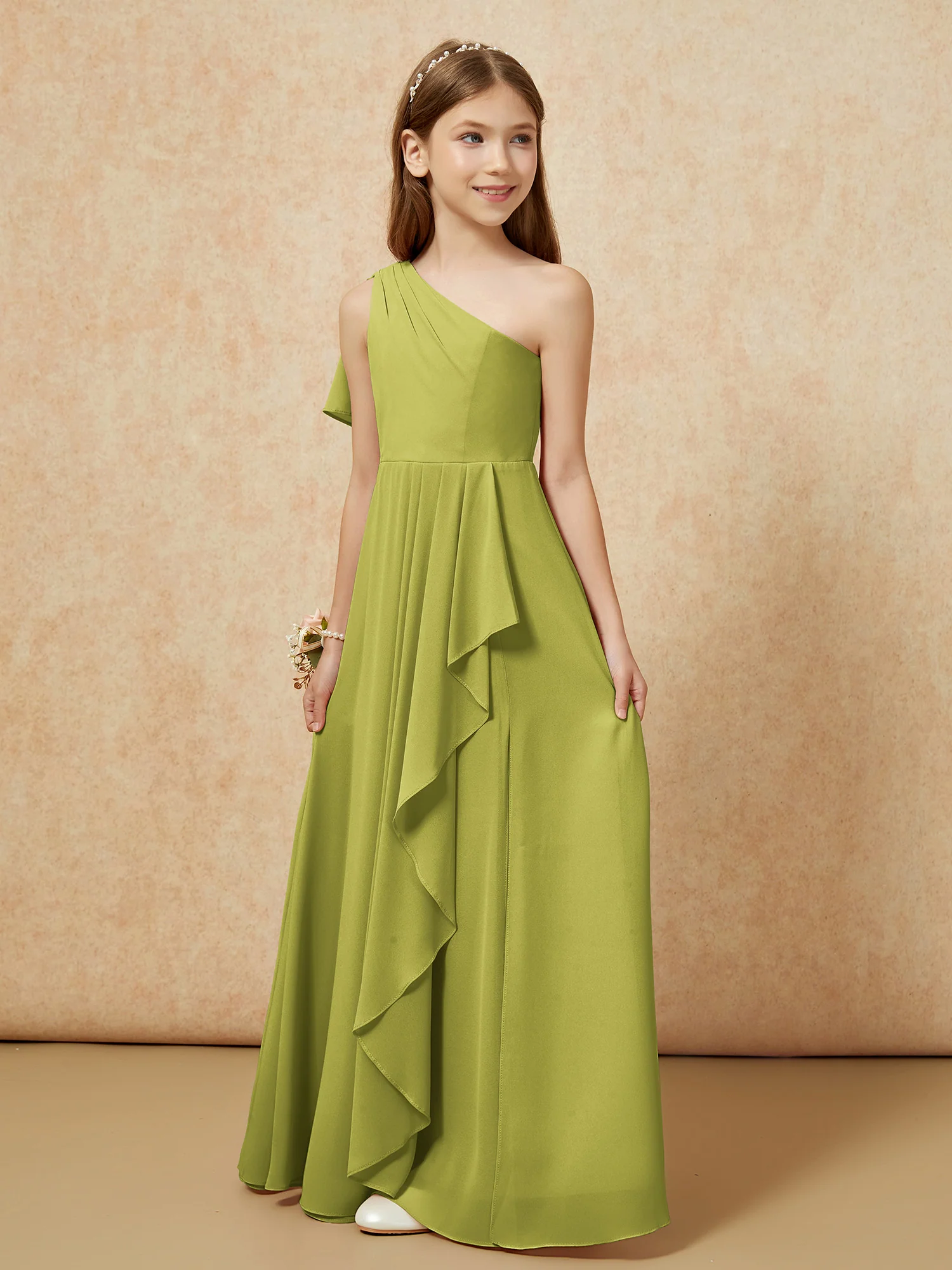 One Sholder A-line Long Chiffon Junior Bridesmaid Dress Clover - Image 5