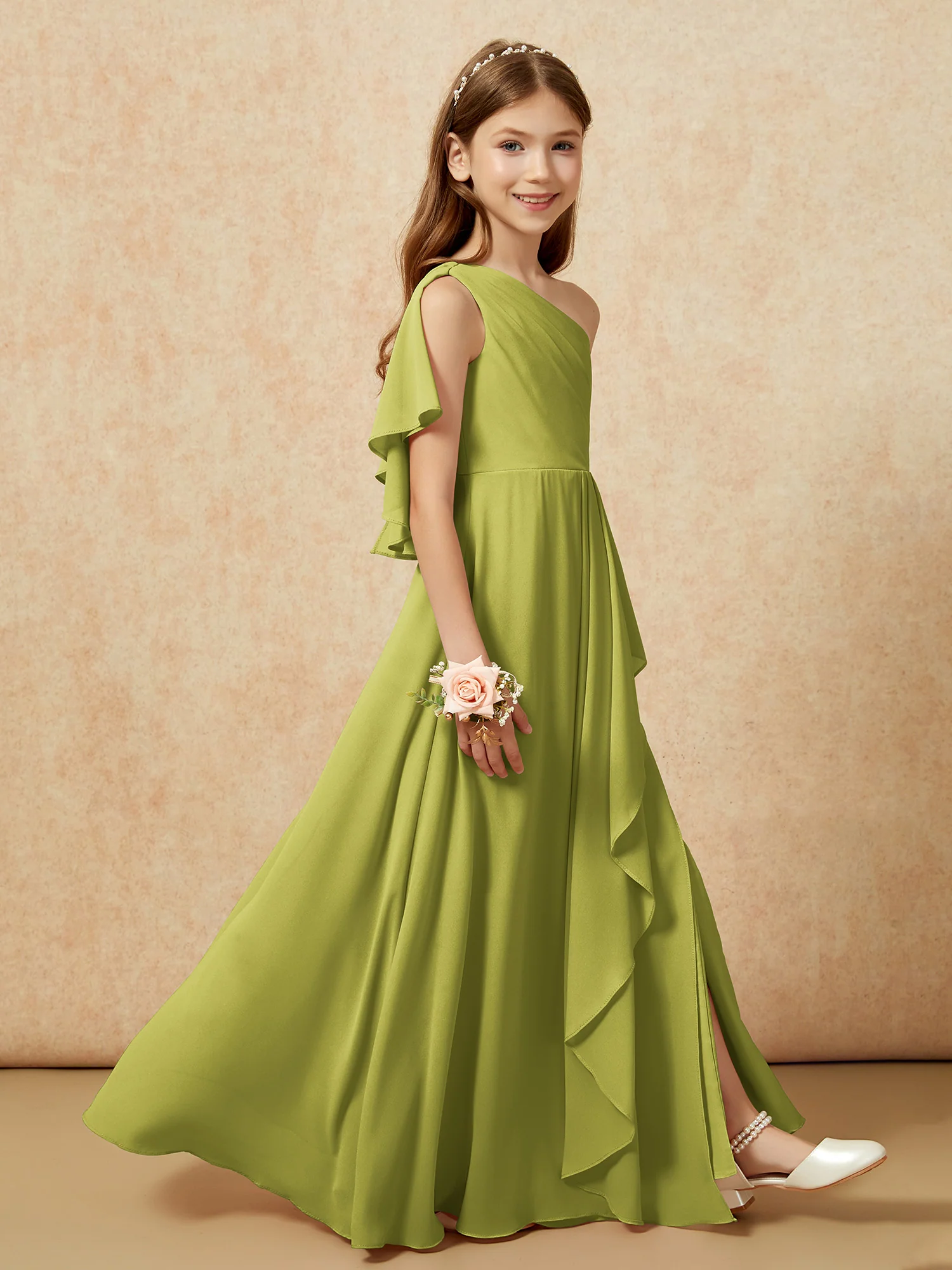 One Sholder A-line Long Chiffon Junior Bridesmaid Dress Clover - Image 6