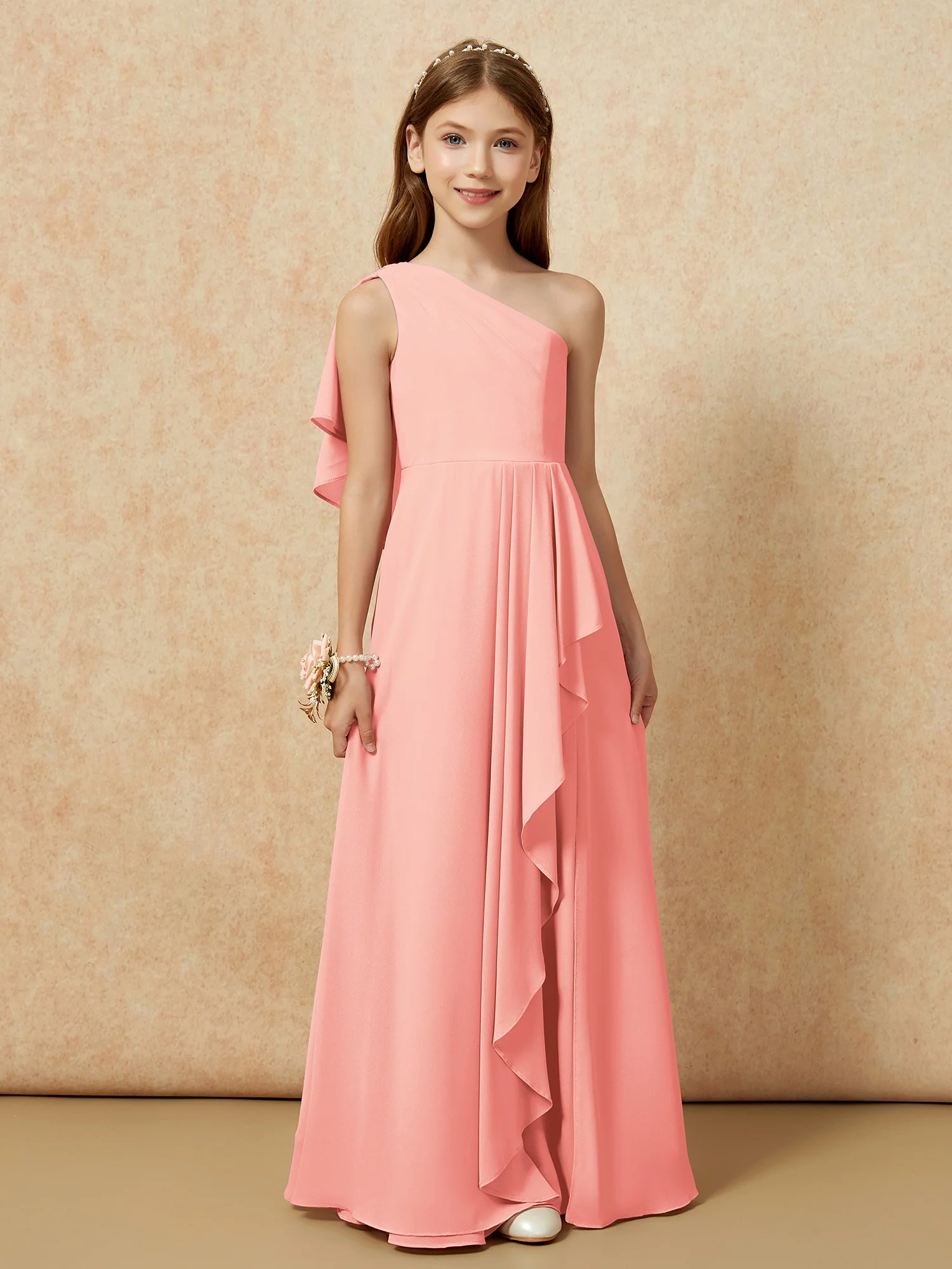 One Sholder A-line Long Chiffon Junior Bridesmaid Dress Coral - Image 4