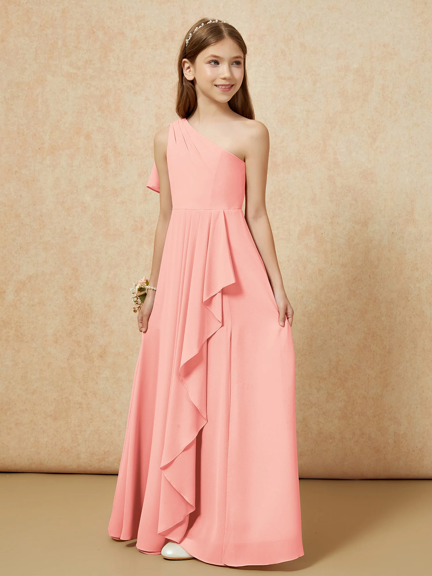 One Sholder A-line Long Chiffon Junior Bridesmaid Dress Coral - Image 5