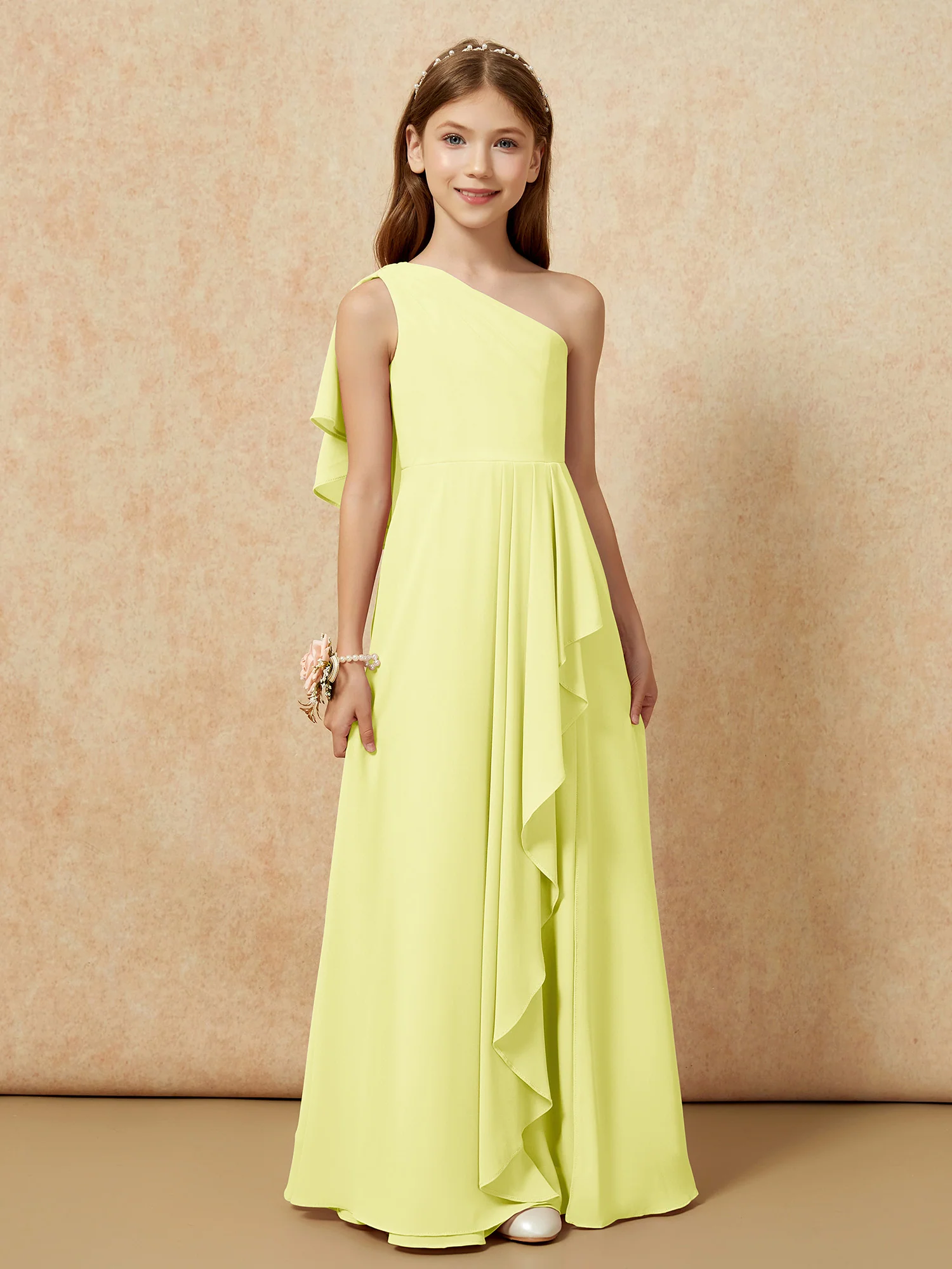 One Sholder A-line Long Chiffon Junior Bridesmaid Dress Daffodil - Image 4
