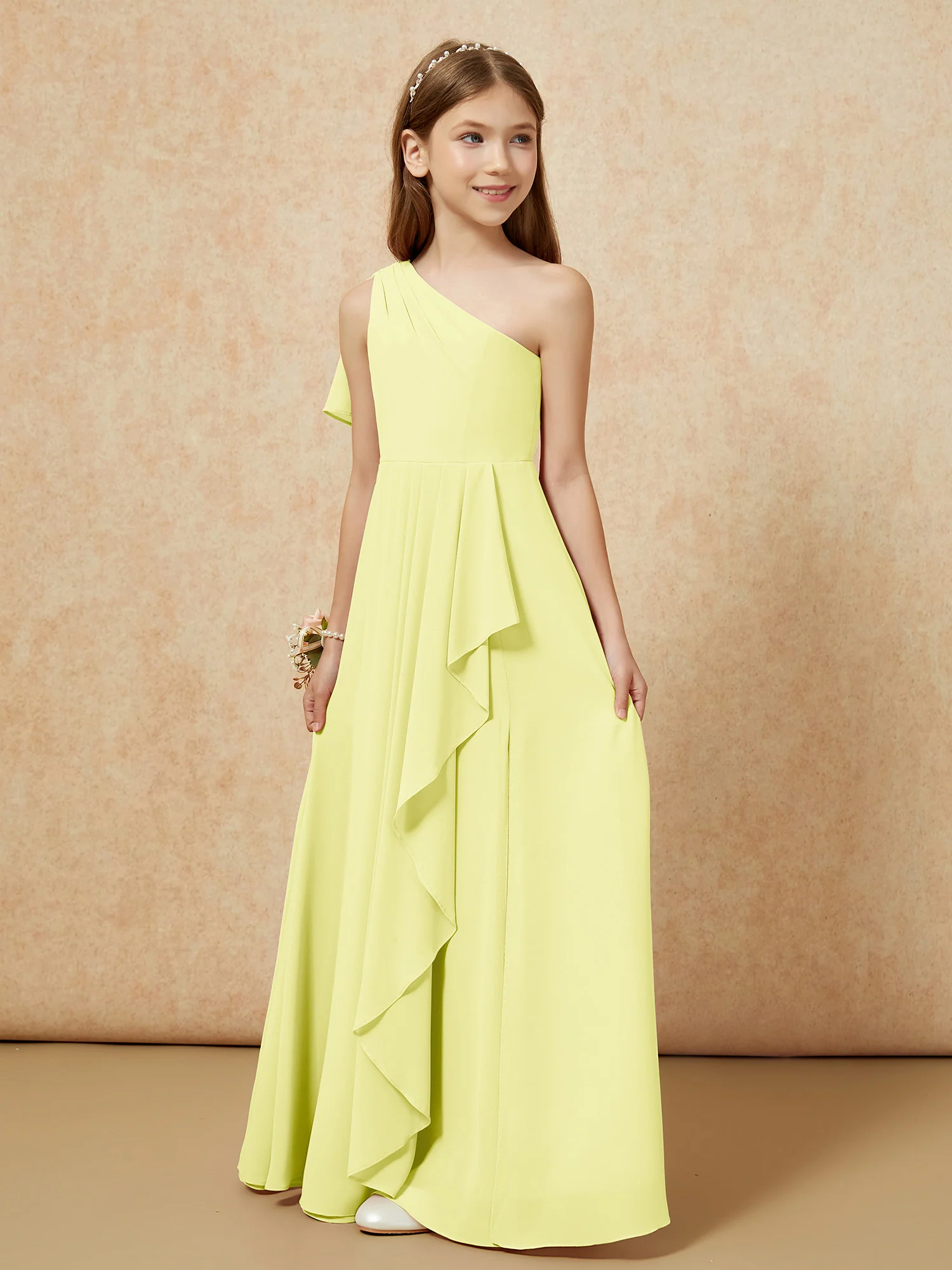 One Sholder A-line Long Chiffon Junior Bridesmaid Dress Daffodil - Image 5