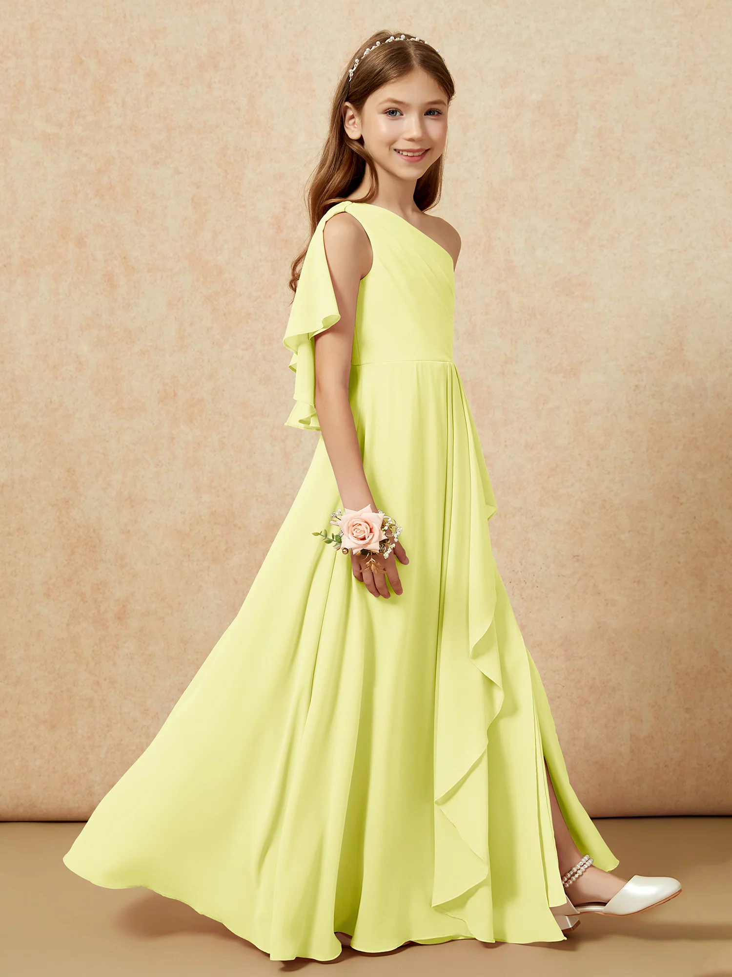 One Sholder A-line Long Chiffon Junior Bridesmaid Dress Daffodil - Image 6