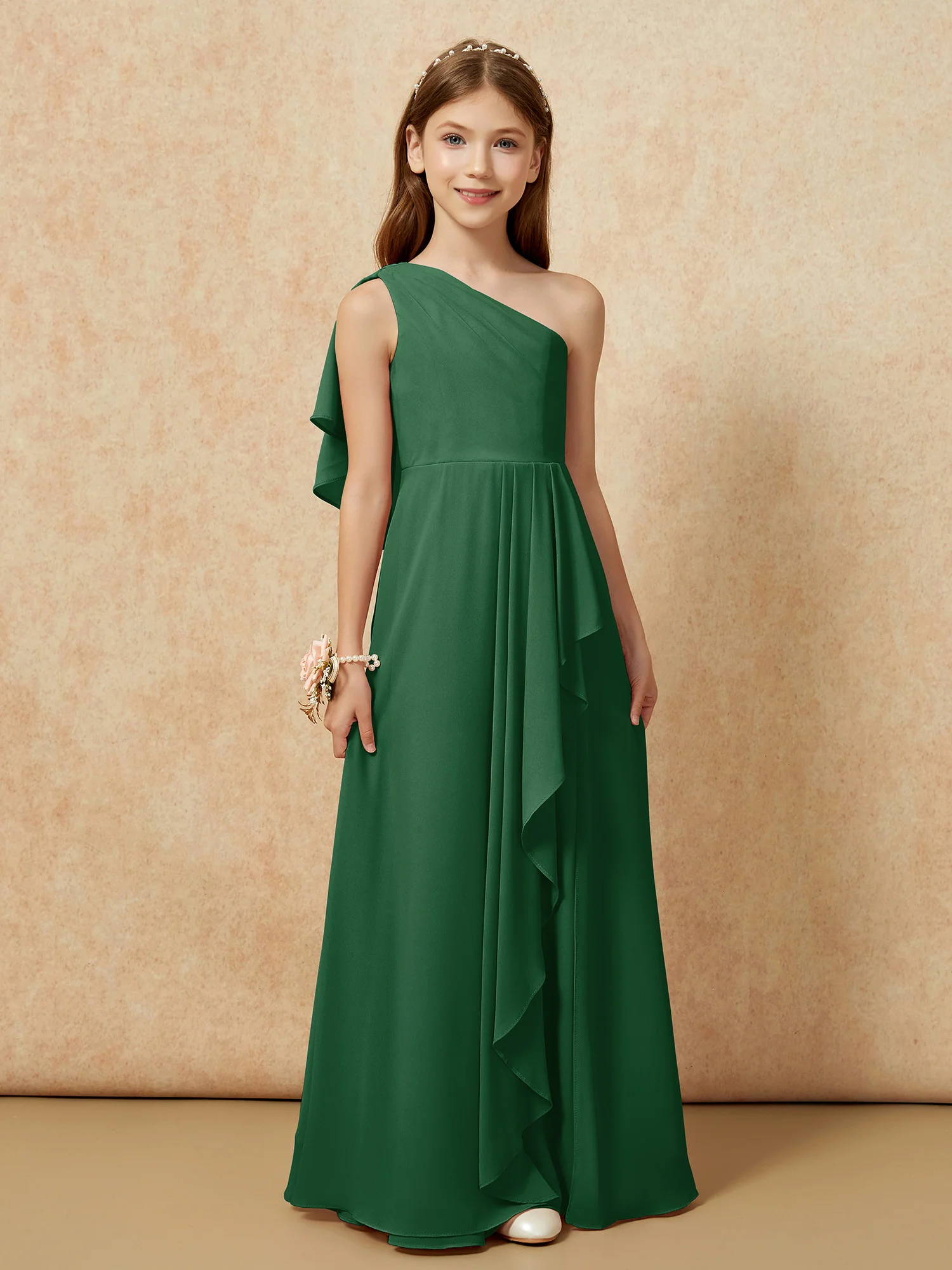 One Sholder A-line Long Chiffon Junior Bridesmaid Dress Dark Green - Image 4
