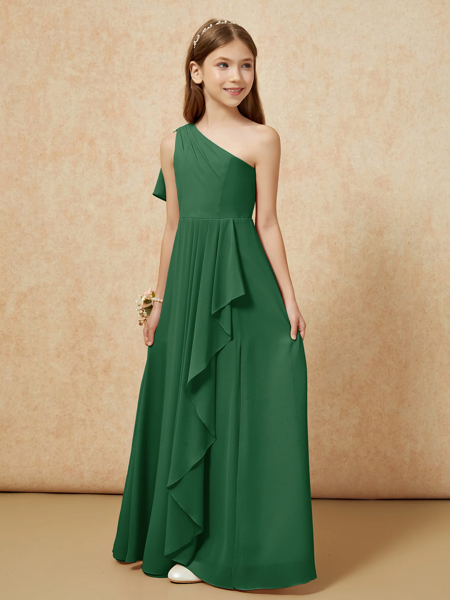 One Sholder A-line Long Chiffon Junior Bridesmaid Dress Dark Green - Image 5