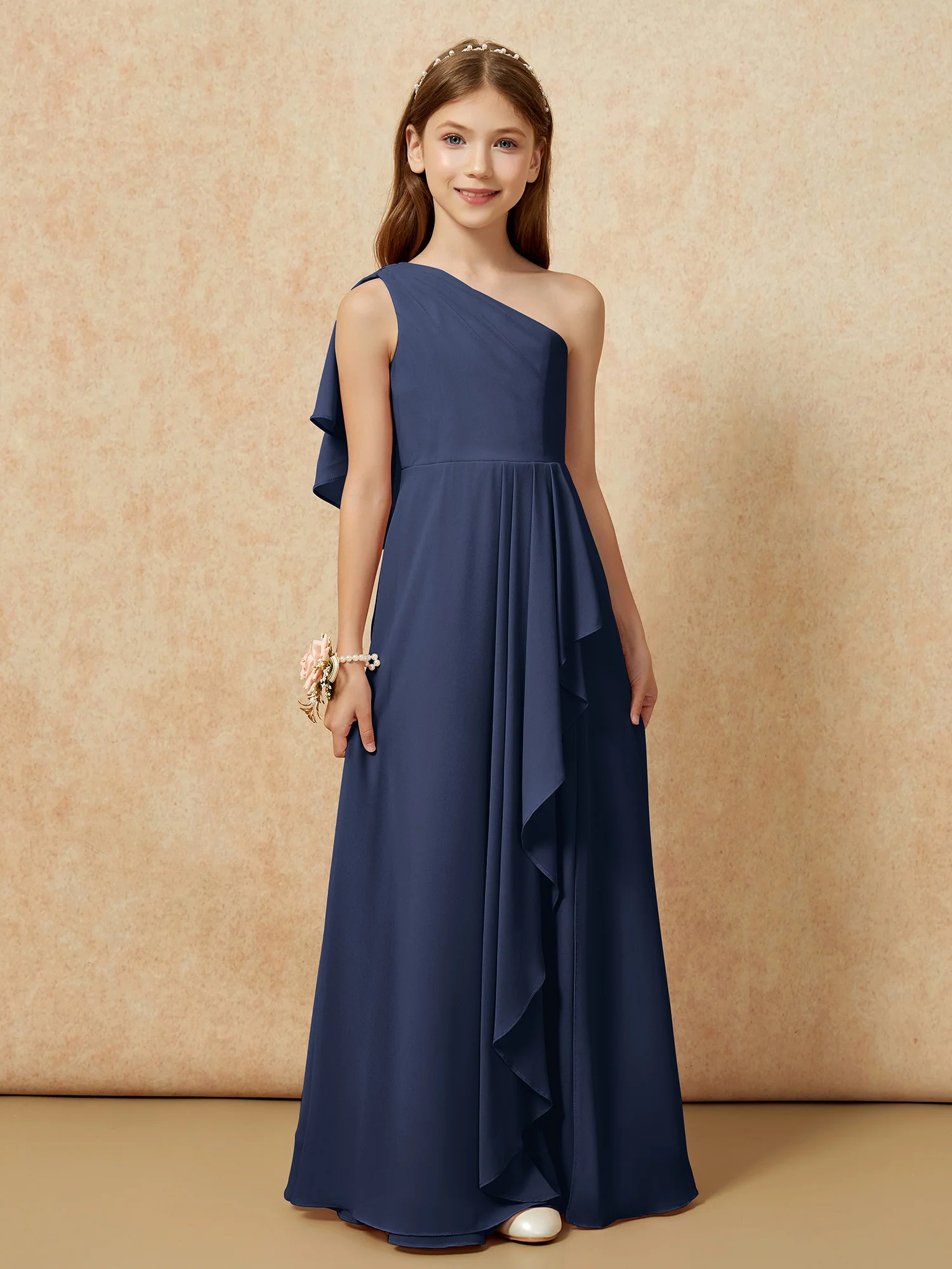 One Sholder A-line Long Chiffon Junior Bridesmaid Dress Dark Navy - Image 4