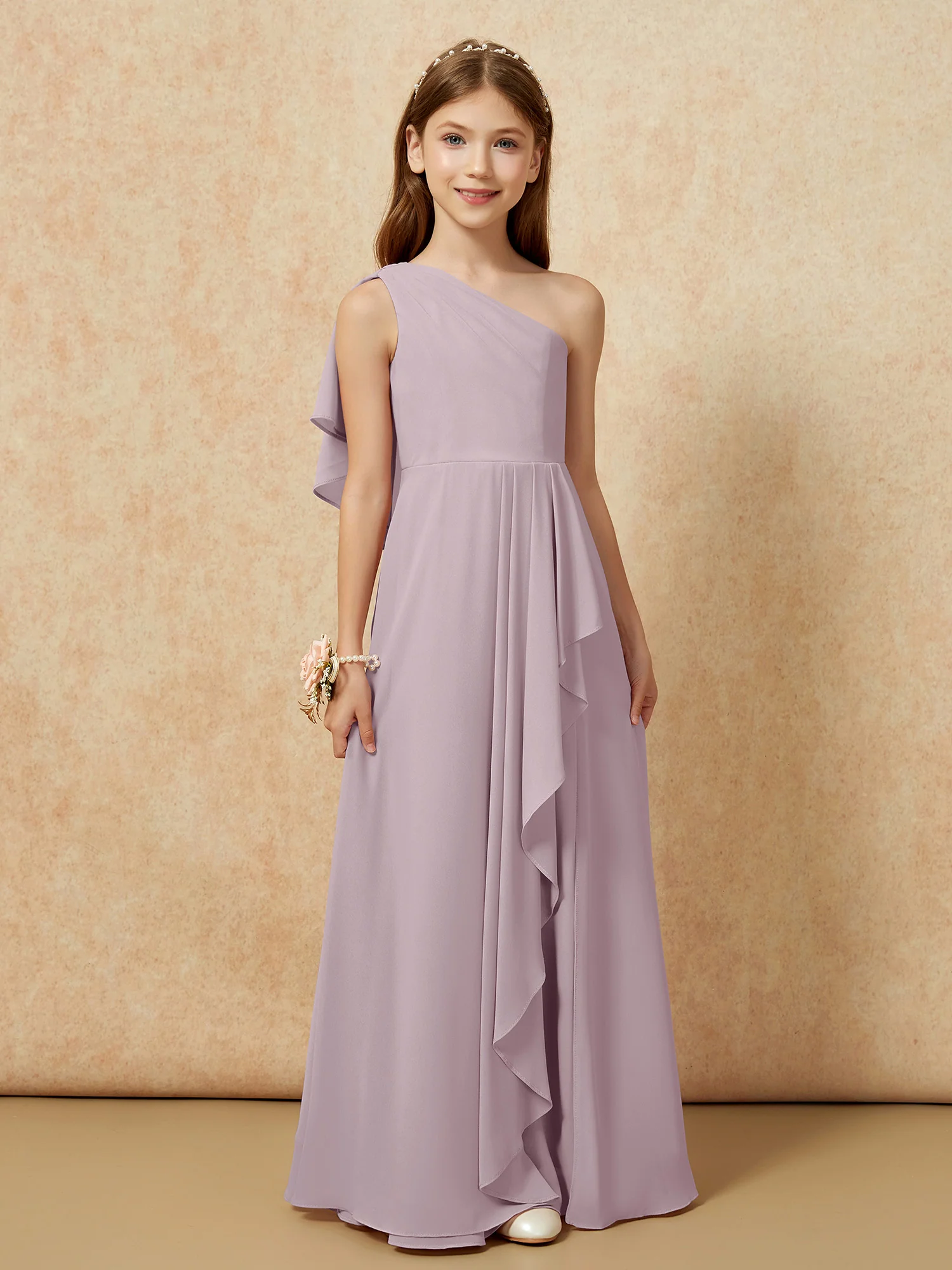 One Sholder A-line Long Chiffon Junior Bridesmaid Dress Dusk - Image 4
