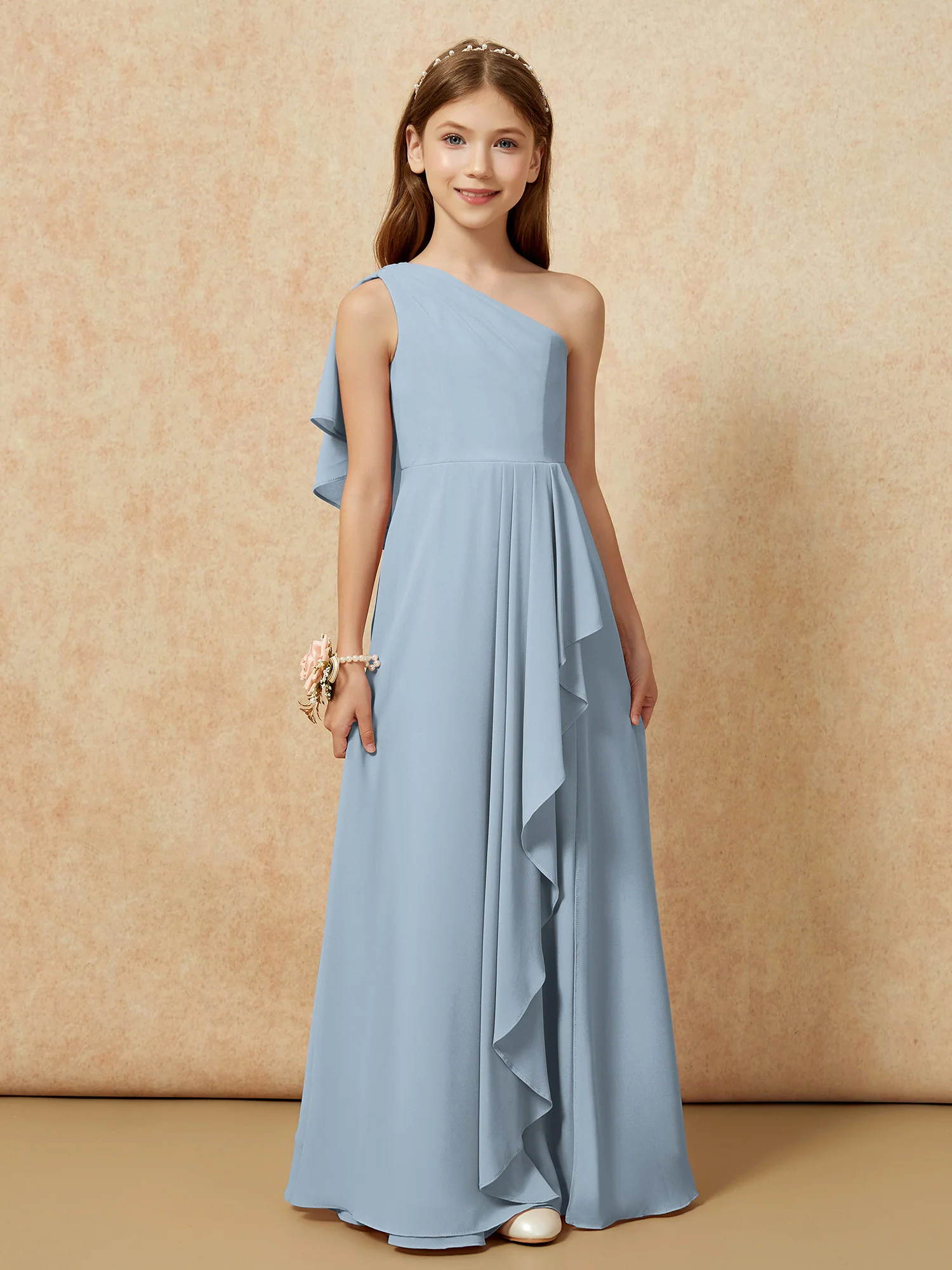 One Sholder A-line Long Chiffon Junior Bridesmaid Dress Dusty Blue - Image 4
