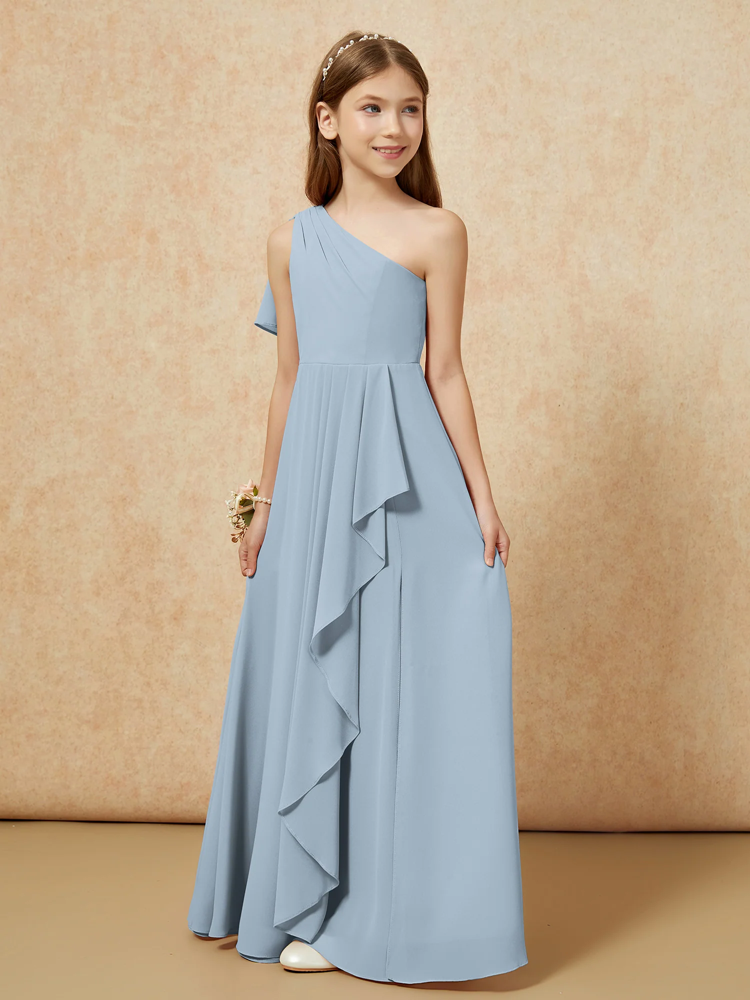 One Sholder A-line Long Chiffon Junior Bridesmaid Dress Dusty Blue - Image 5