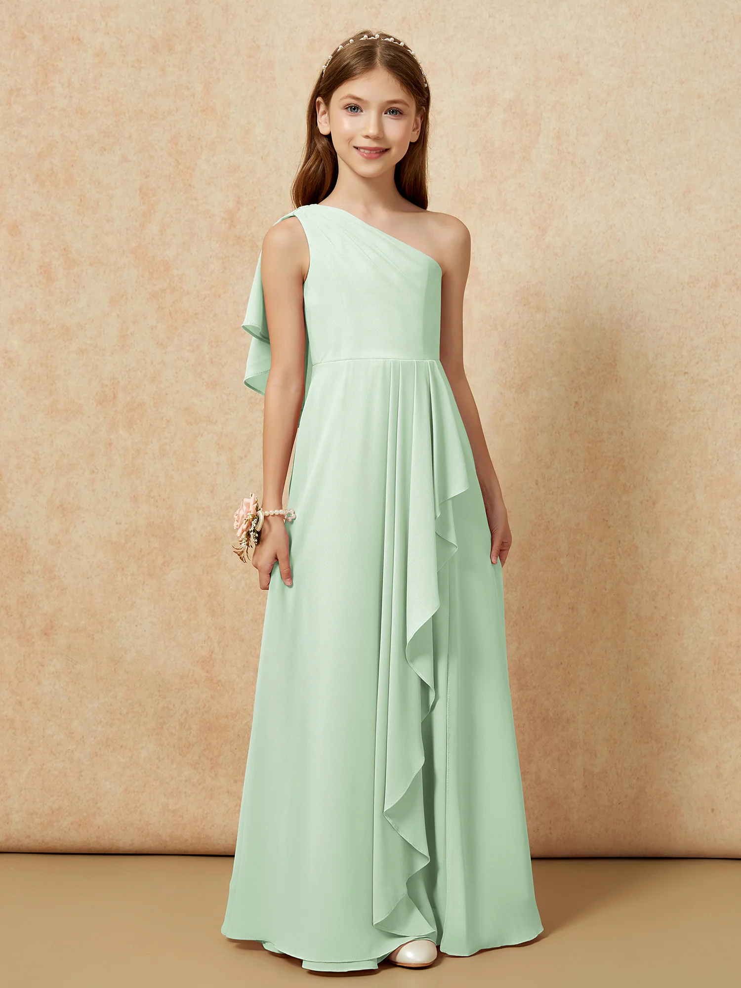 One Sholder A-line Long Chiffon Junior Bridesmaid Dress Dusty Sage - Image 4