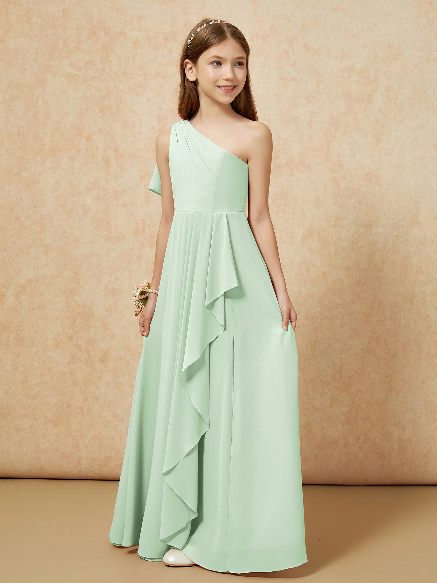 One Sholder A-line Long Chiffon Junior Bridesmaid Dress Dusty Sage - Image 5