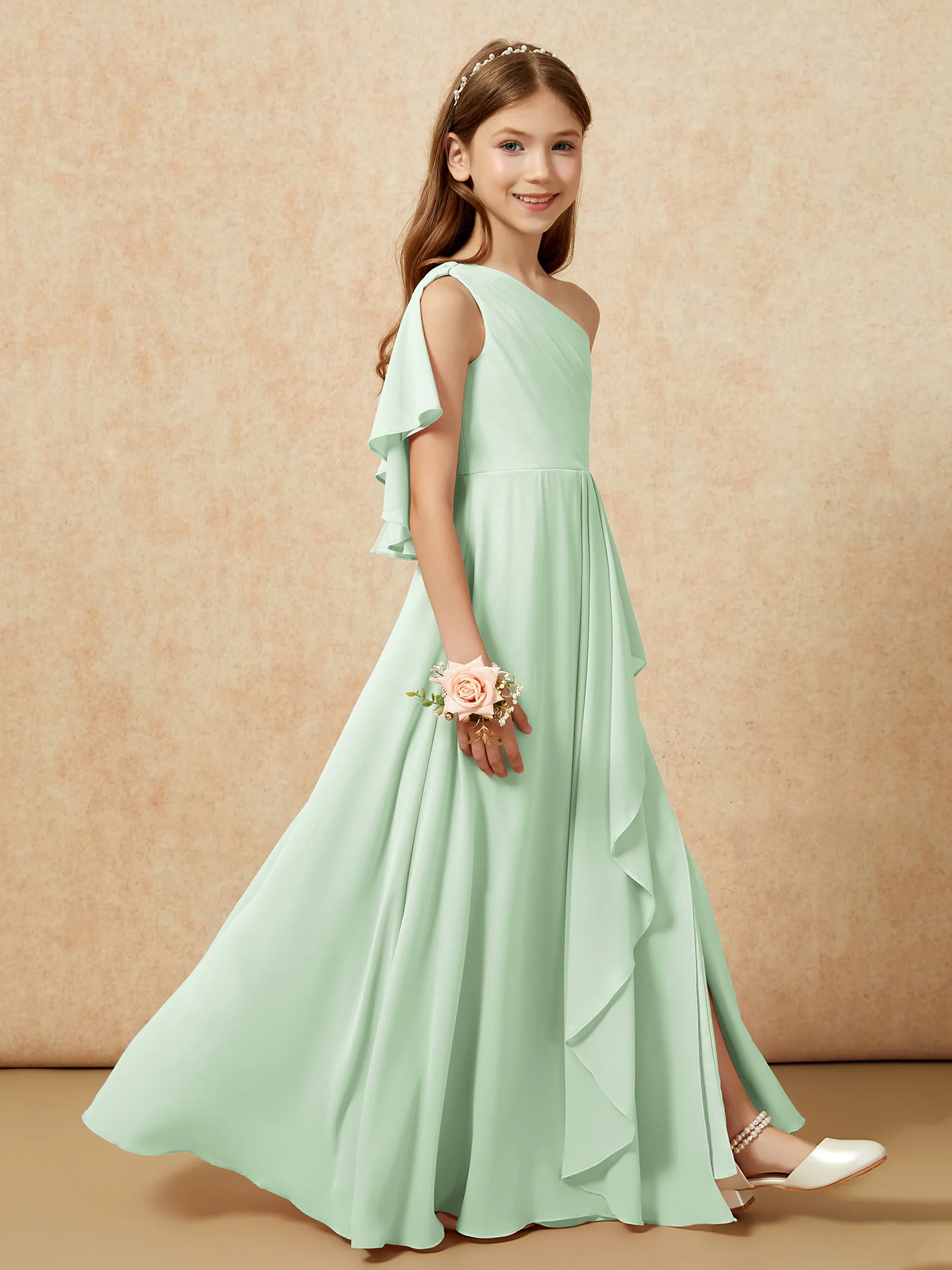 One Sholder A-line Long Chiffon Junior Bridesmaid Dress Dusty Sage - Image 6