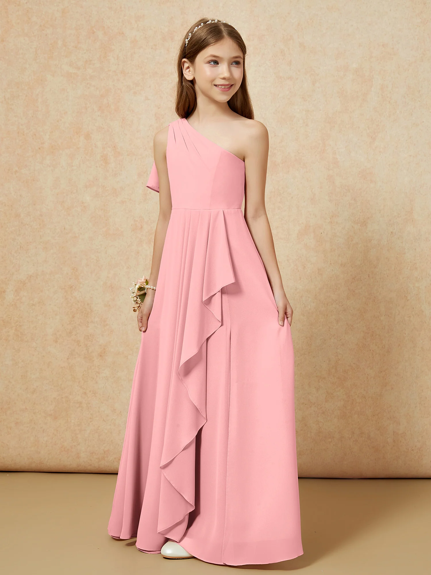 One Sholder A-line Long Chiffon Junior Bridesmaid Dress Flamingo - Image 5