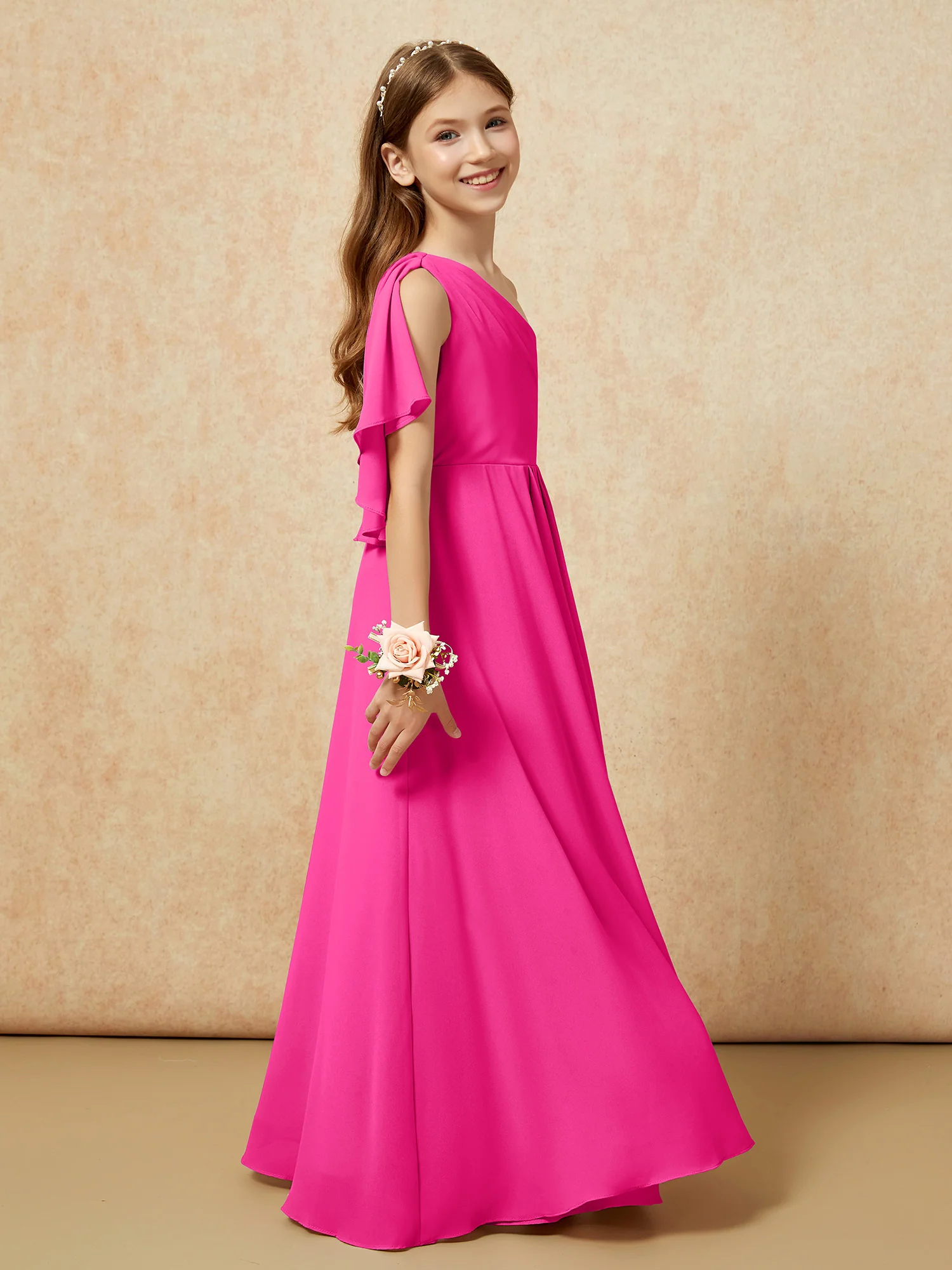 One Sholder A-line Long Chiffon Junior Bridesmaid Dress Fuchsia - Image 2