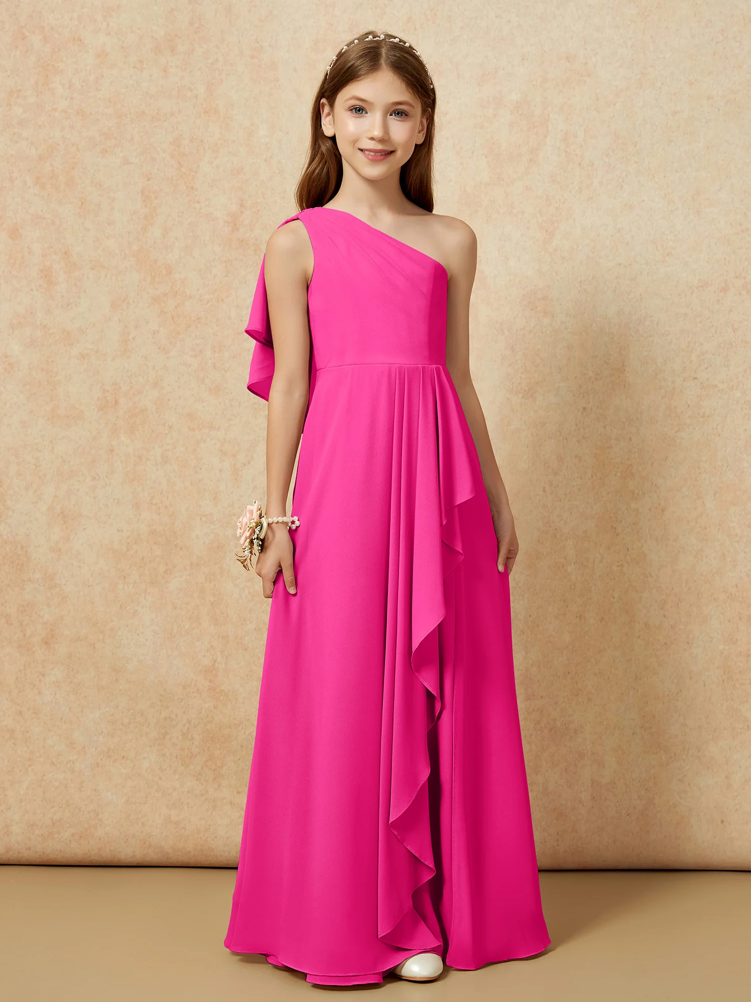 One Sholder A-line Long Chiffon Junior Bridesmaid Dress Fuchsia - Image 4