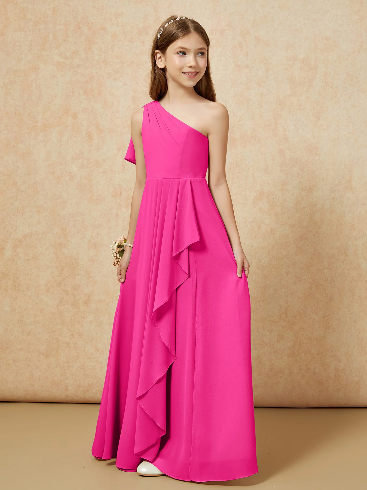 One Sholder A-line Long Chiffon Junior Bridesmaid Dress Fuchsia - Image 5