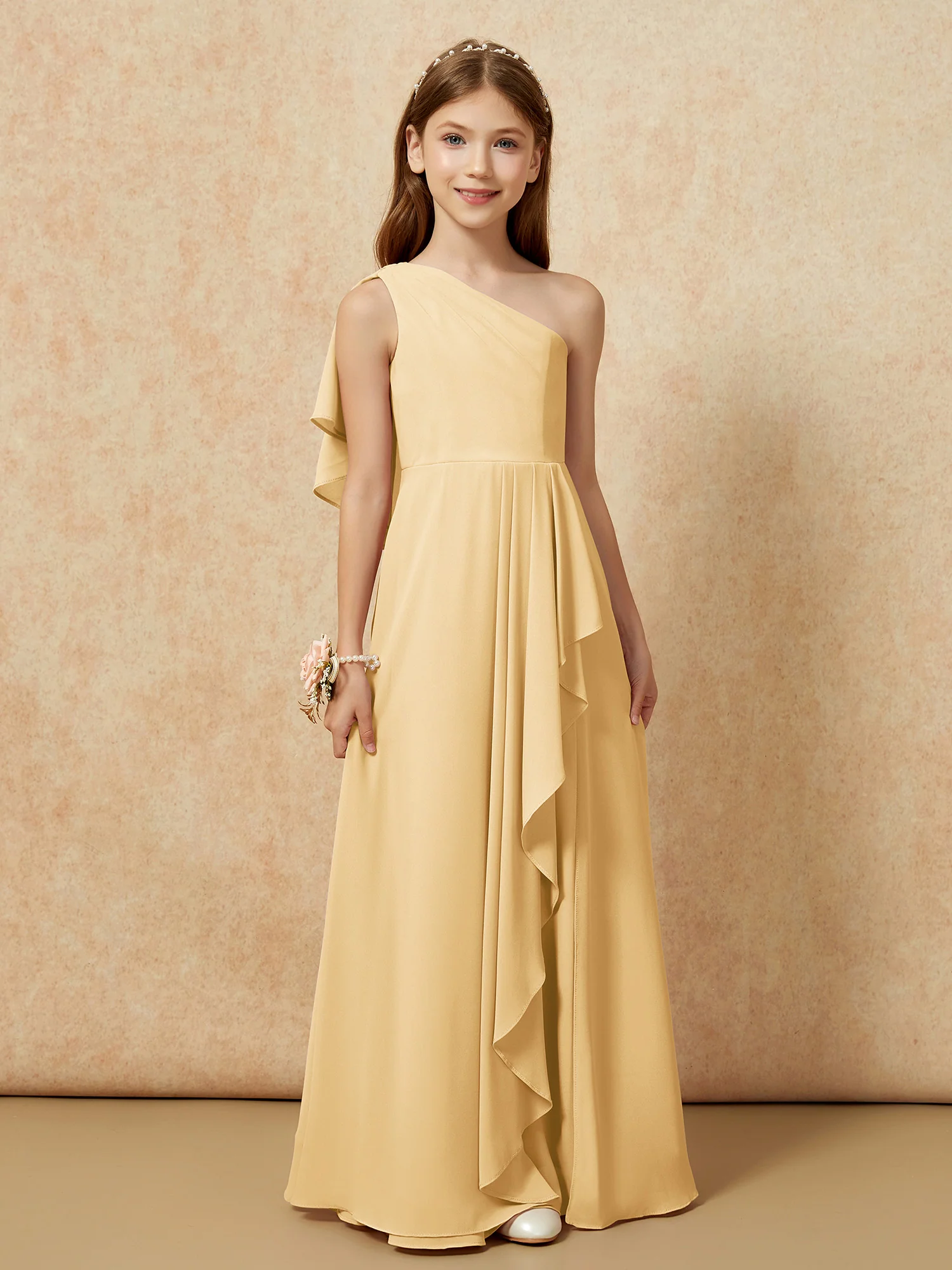 One Sholder A-line Long Chiffon Junior Bridesmaid Dress Gold - Image 4