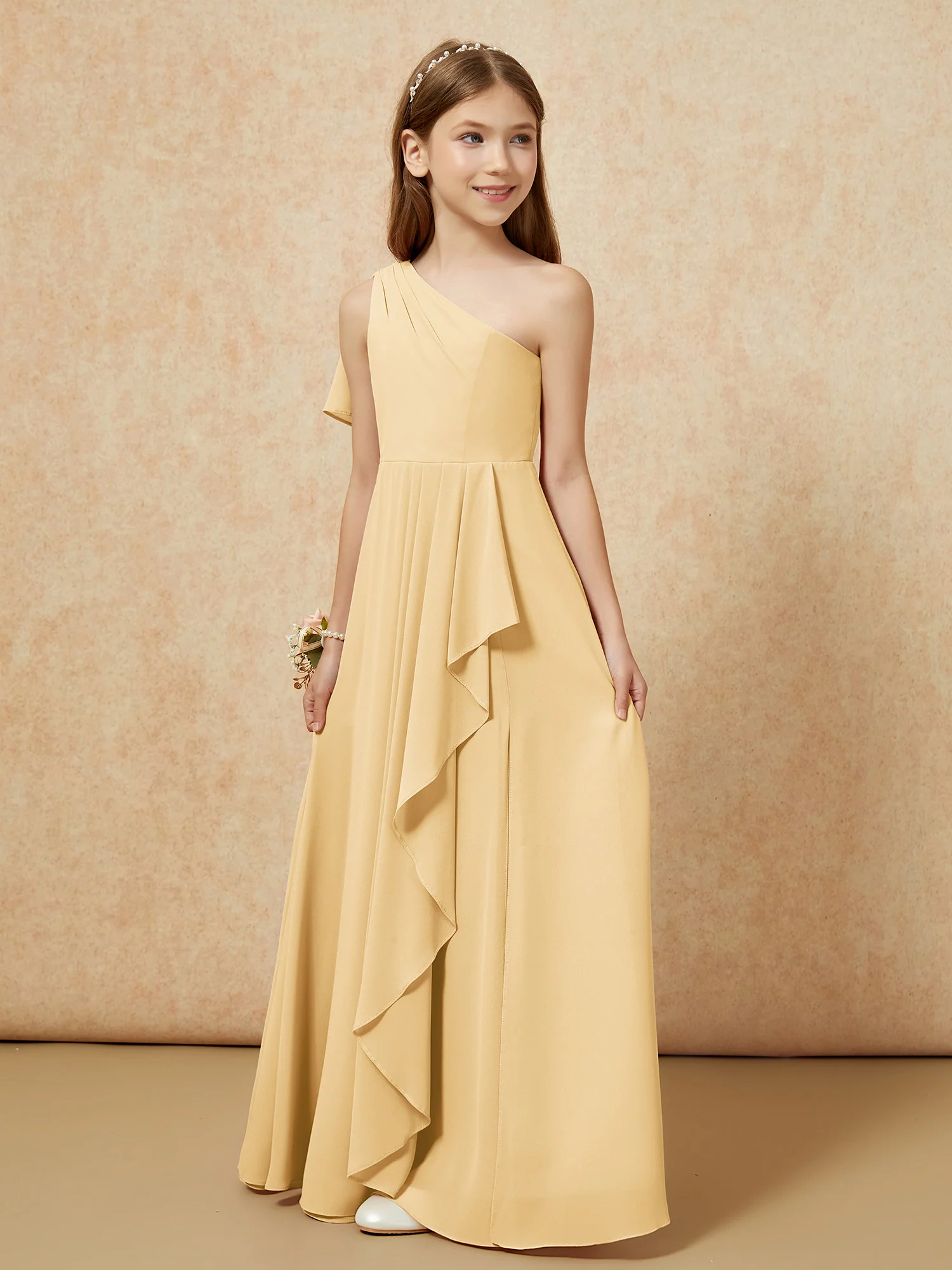 One Sholder A-line Long Chiffon Junior Bridesmaid Dress Gold - Image 5