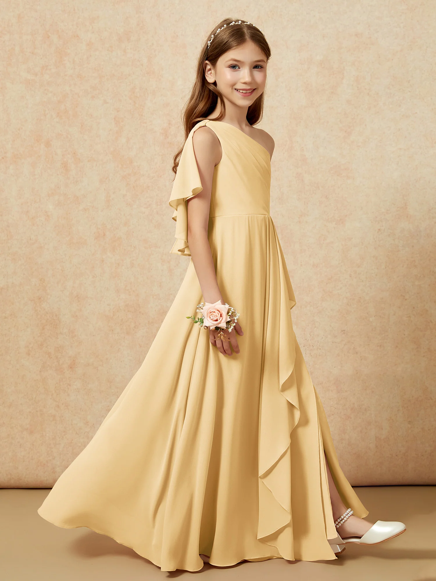 One Sholder A-line Long Chiffon Junior Bridesmaid Dress Gold - Image 6