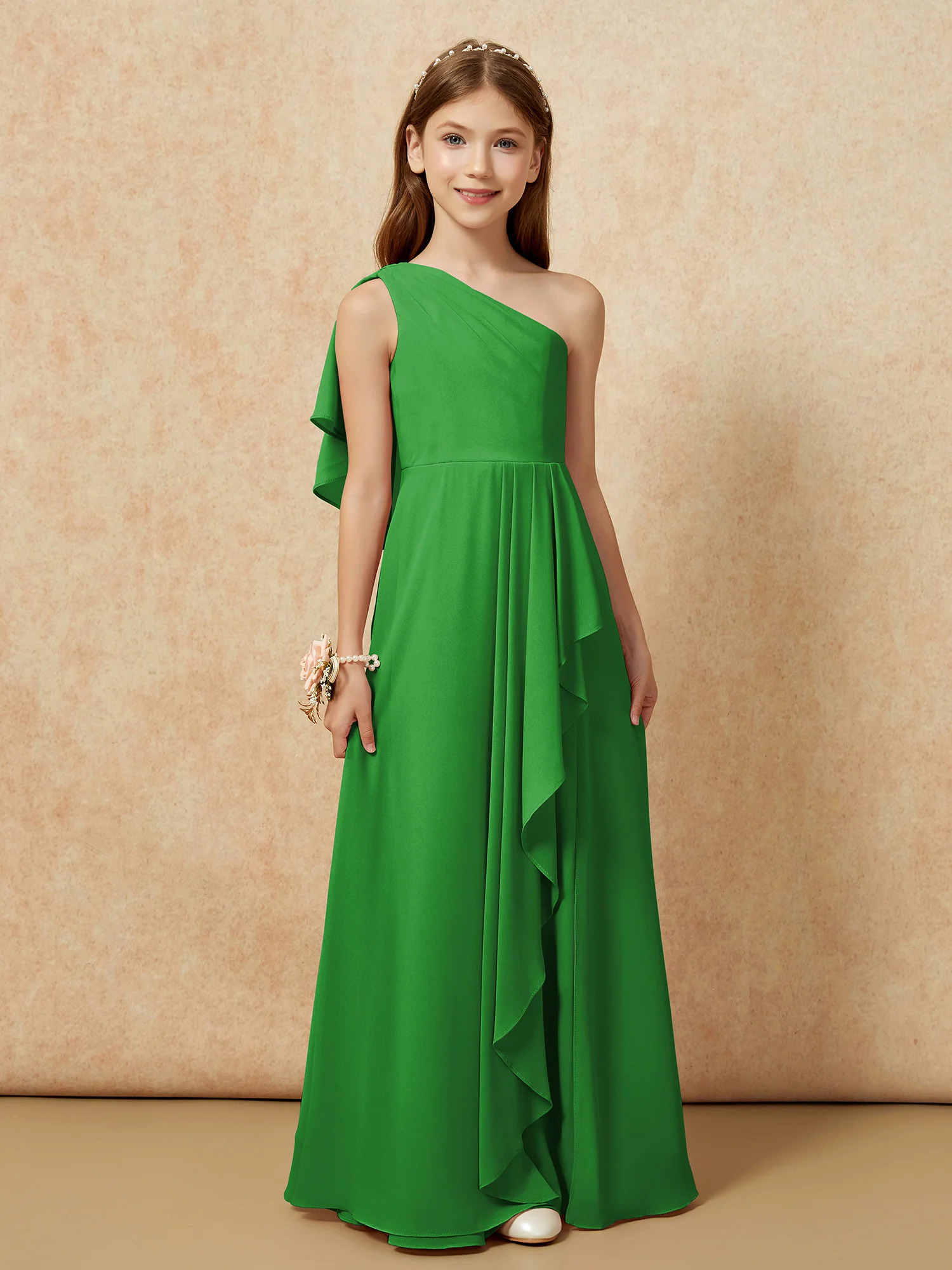 One Sholder A-line Long Chiffon Junior Bridesmaid Dress Green - Image 4