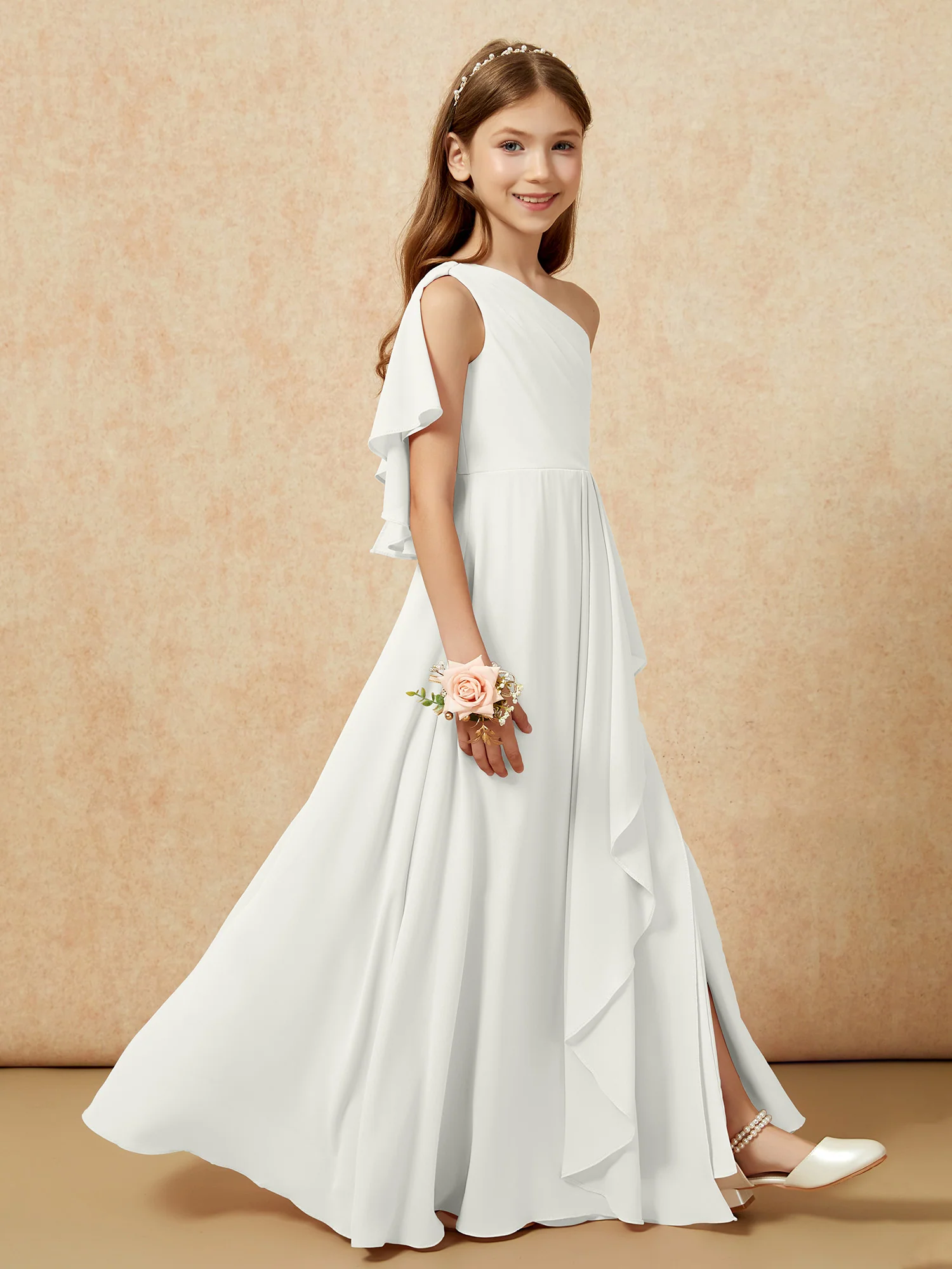 One Sholder A-line Long Chiffon Junior Bridesmaid Dress Ivory - Image 6