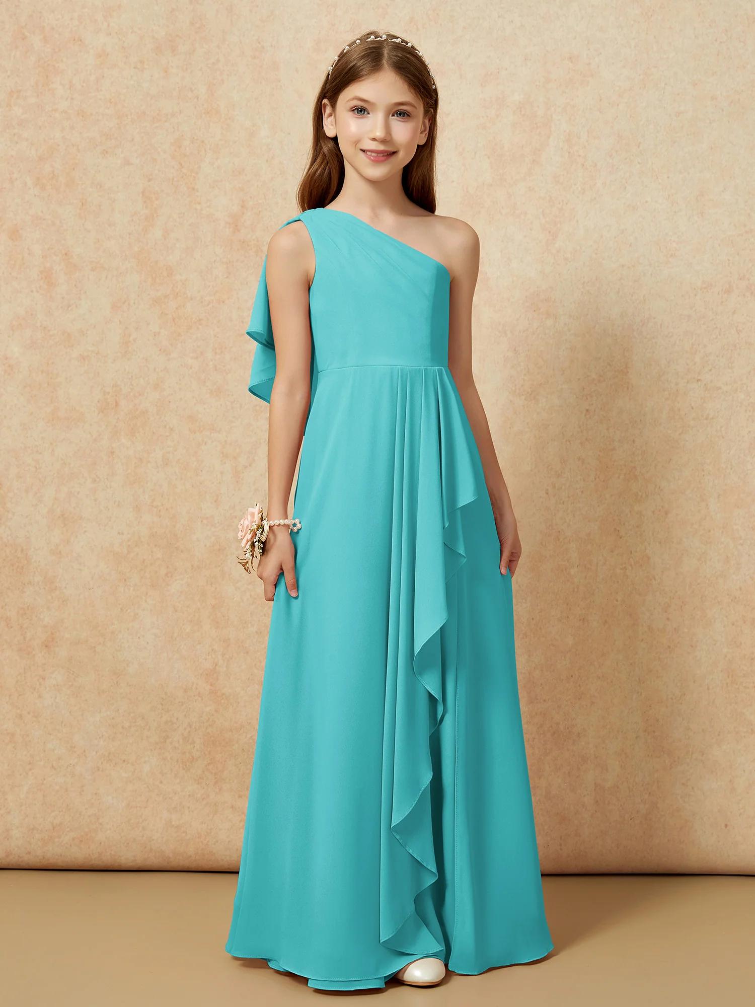 One Sholder A-line Long Chiffon Junior Bridesmaid Dress Jade - Image 4