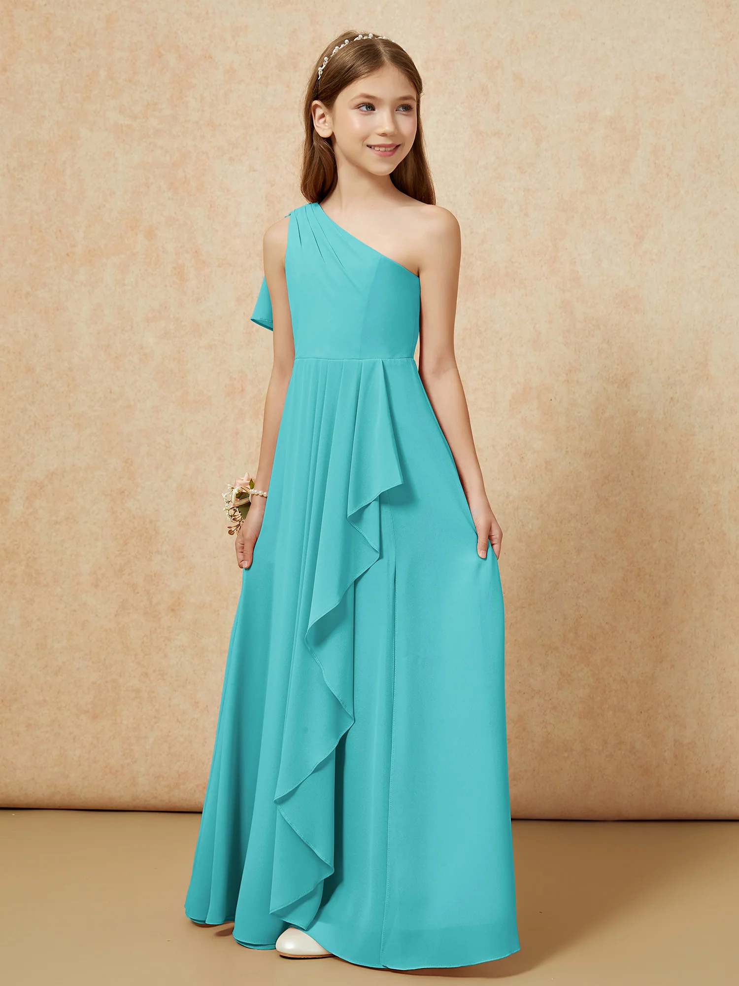 One Sholder A-line Long Chiffon Junior Bridesmaid Dress Jade - Image 5