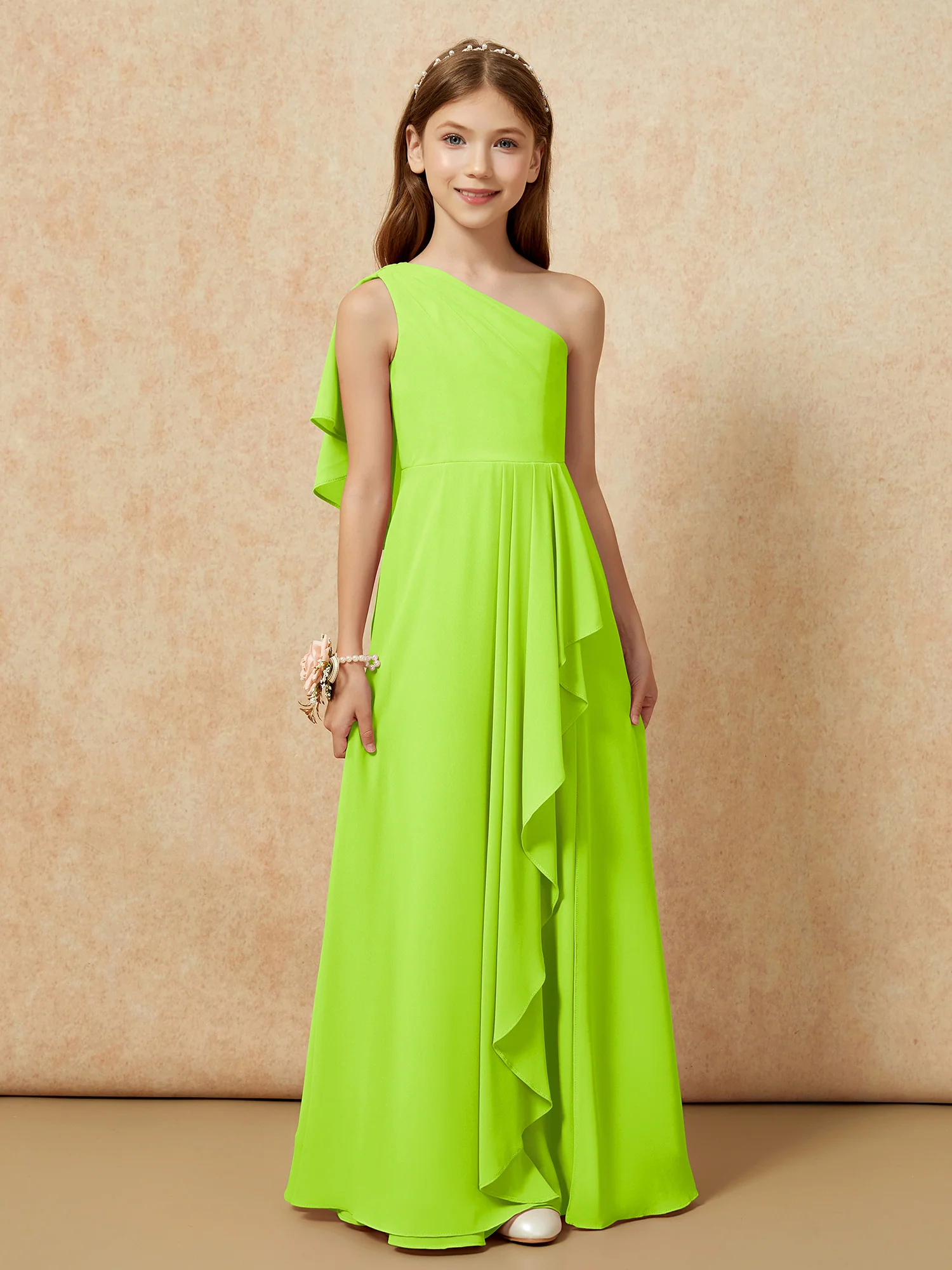One Sholder A-line Long Chiffon Junior Bridesmaid Dress Lime Green - Image 4