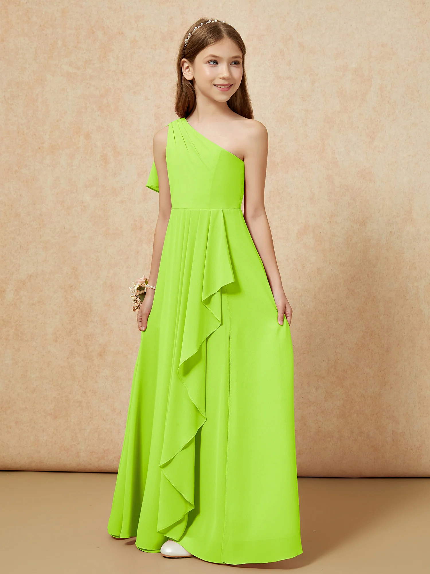 One Sholder A-line Long Chiffon Junior Bridesmaid Dress Lime Green - Image 5
