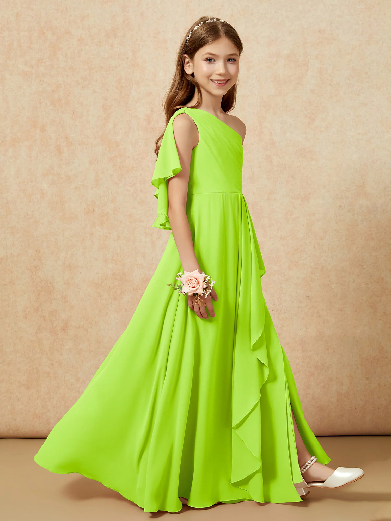 One Sholder A-line Long Chiffon Junior Bridesmaid Dress Lime Green - Image 6