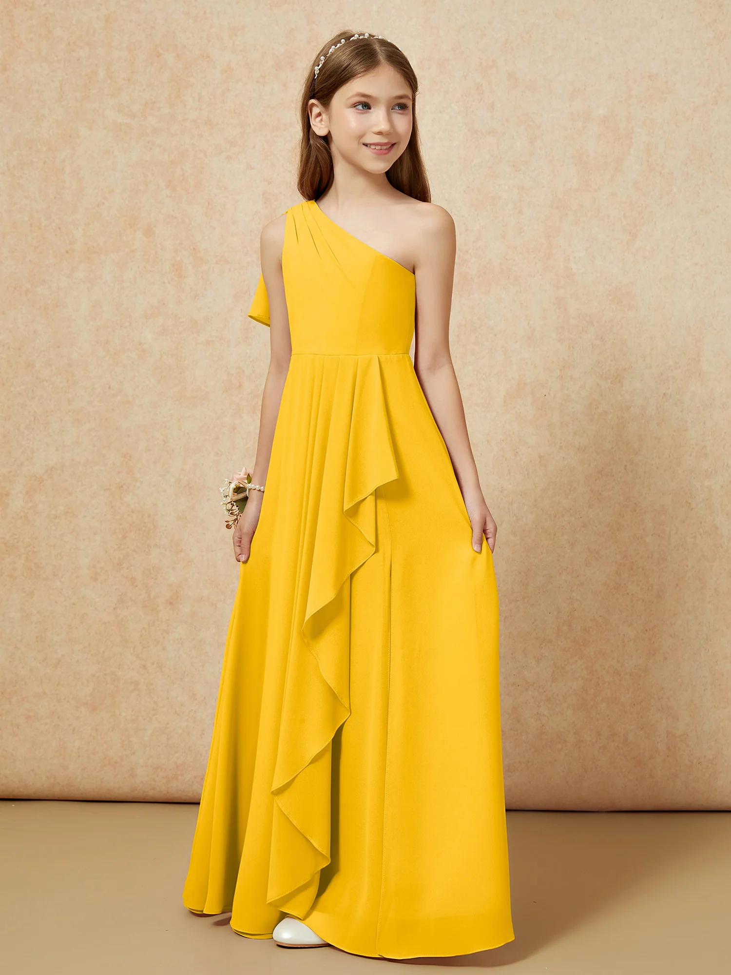 One Sholder A-line Long Chiffon Junior Bridesmaid Dress Marigold - Image 5