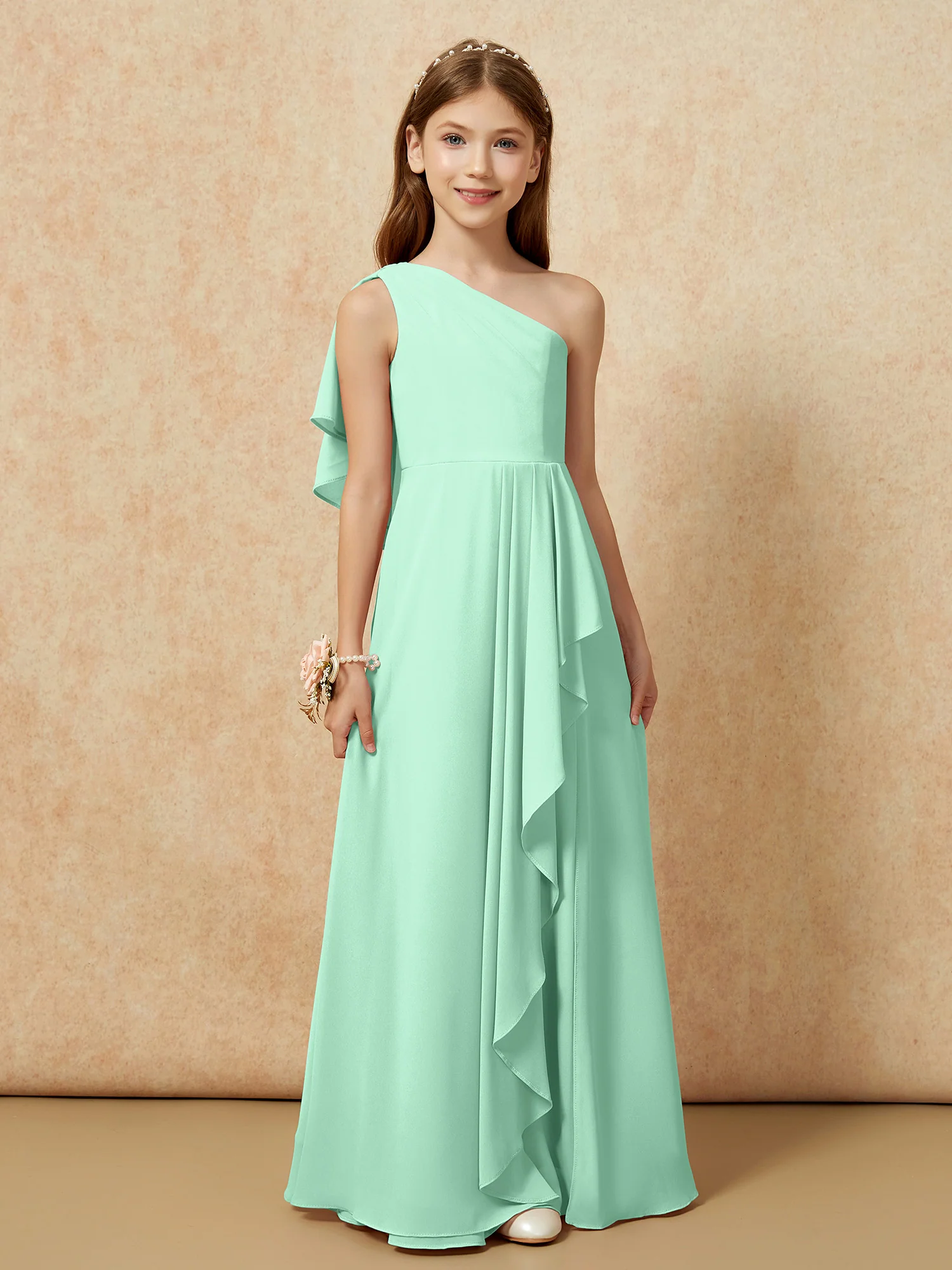 One Sholder A-line Long Chiffon Junior Bridesmaid Dress Mint Green - Image 4