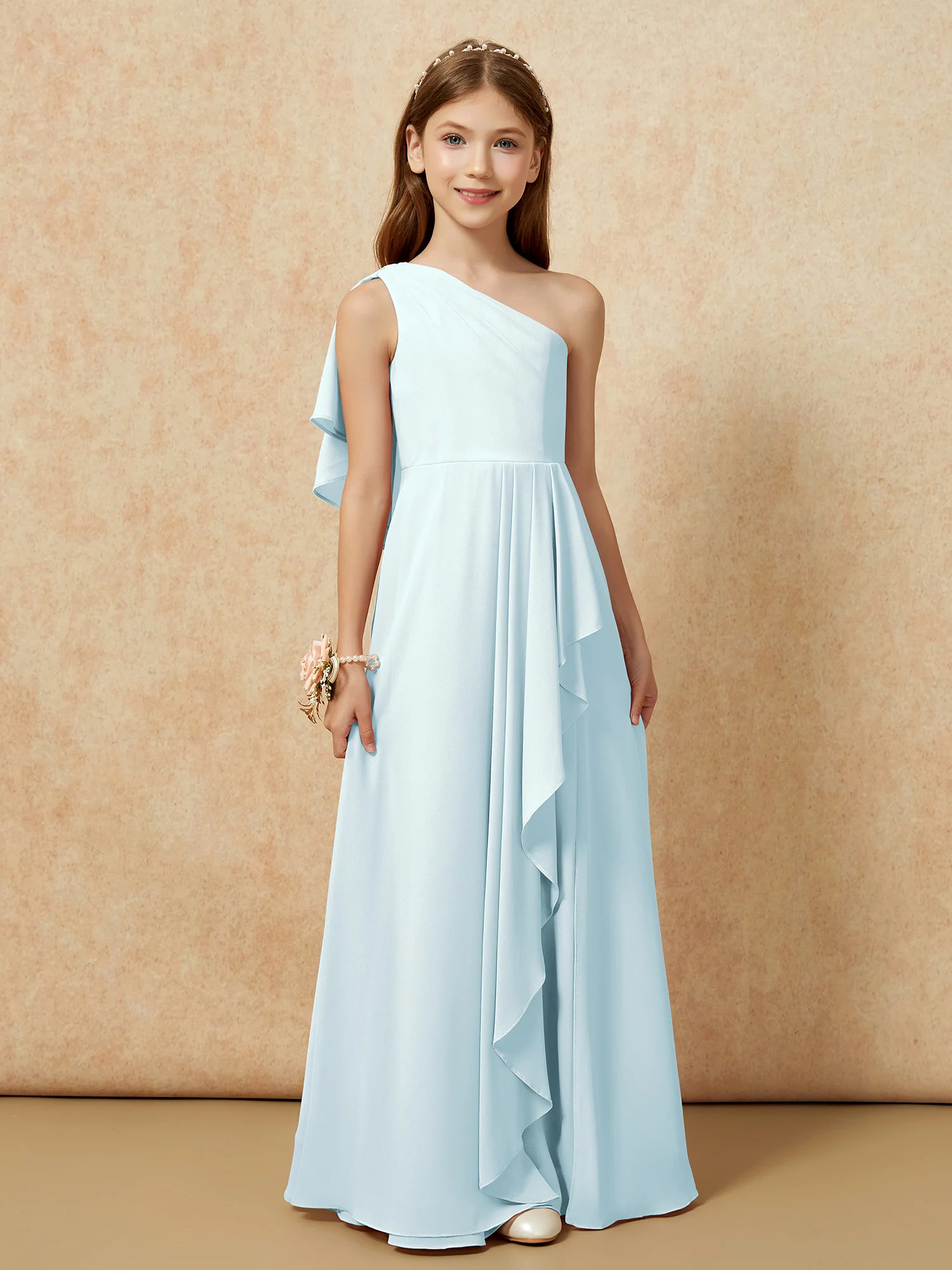 One Sholder A-line Long Chiffon Junior Bridesmaid Dress Mist - Image 4