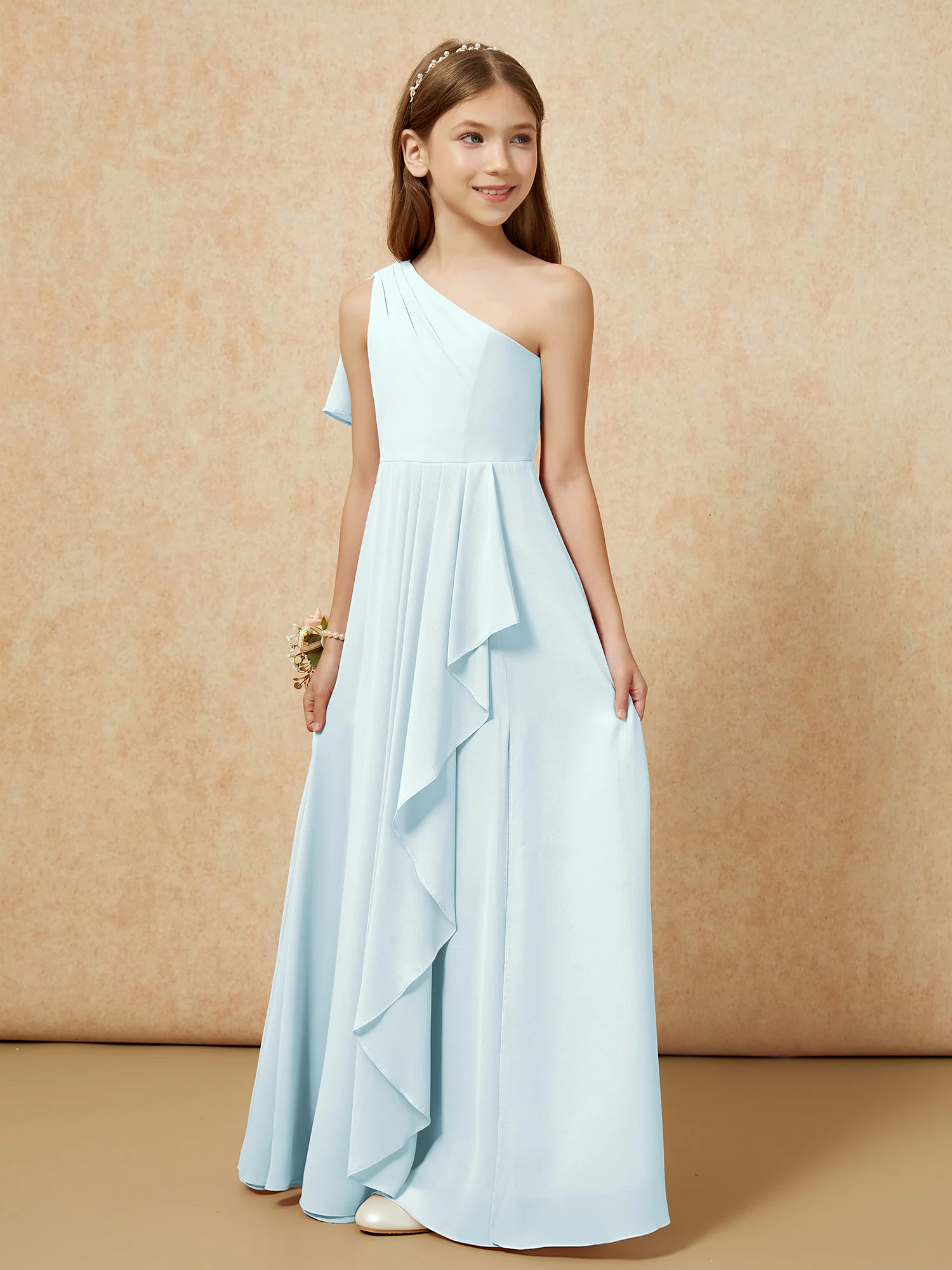One Sholder A-line Long Chiffon Junior Bridesmaid Dress Mist - Image 5