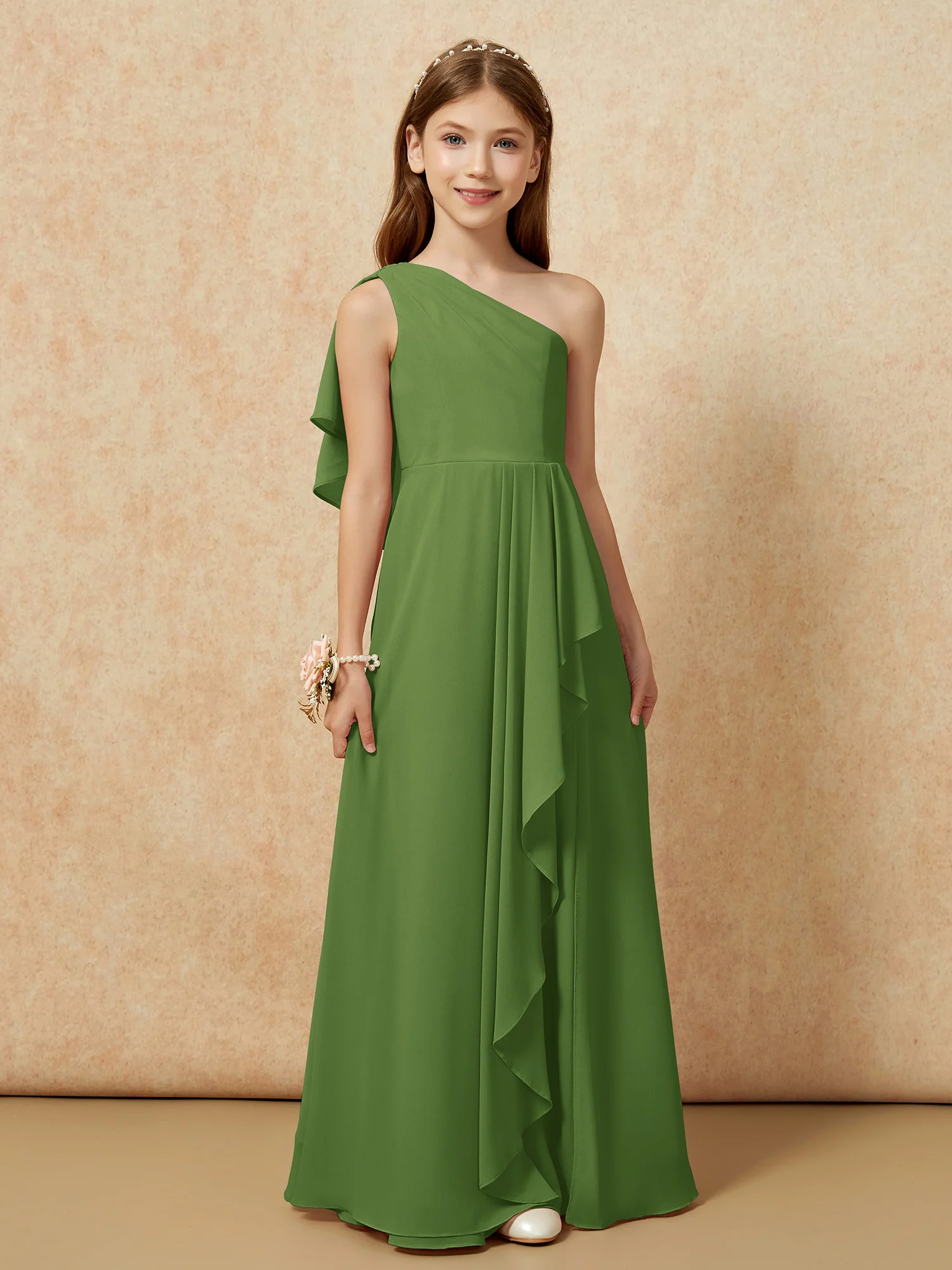 One Sholder A-line Long Chiffon Junior Bridesmaid Dress Moss - Image 4