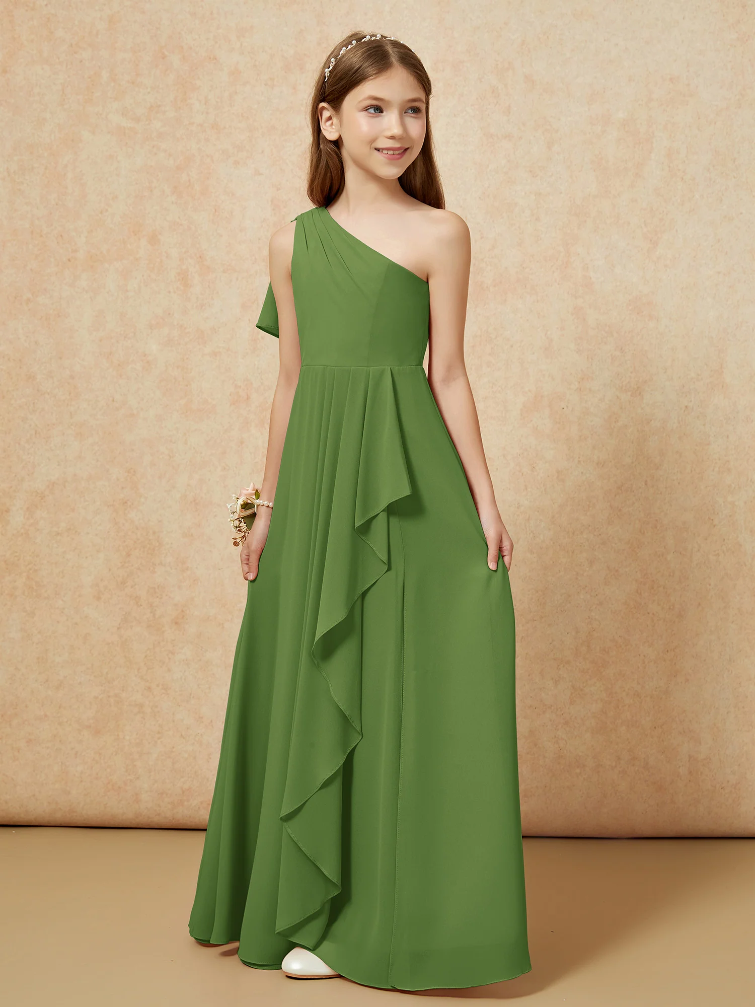 One Sholder A-line Long Chiffon Junior Bridesmaid Dress Moss - Image 5
