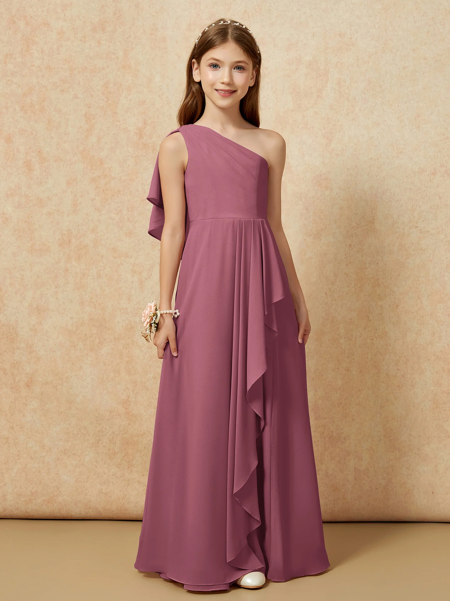 One Sholder A-line Long Chiffon Junior Bridesmaid Dress Mulberry - Image 4