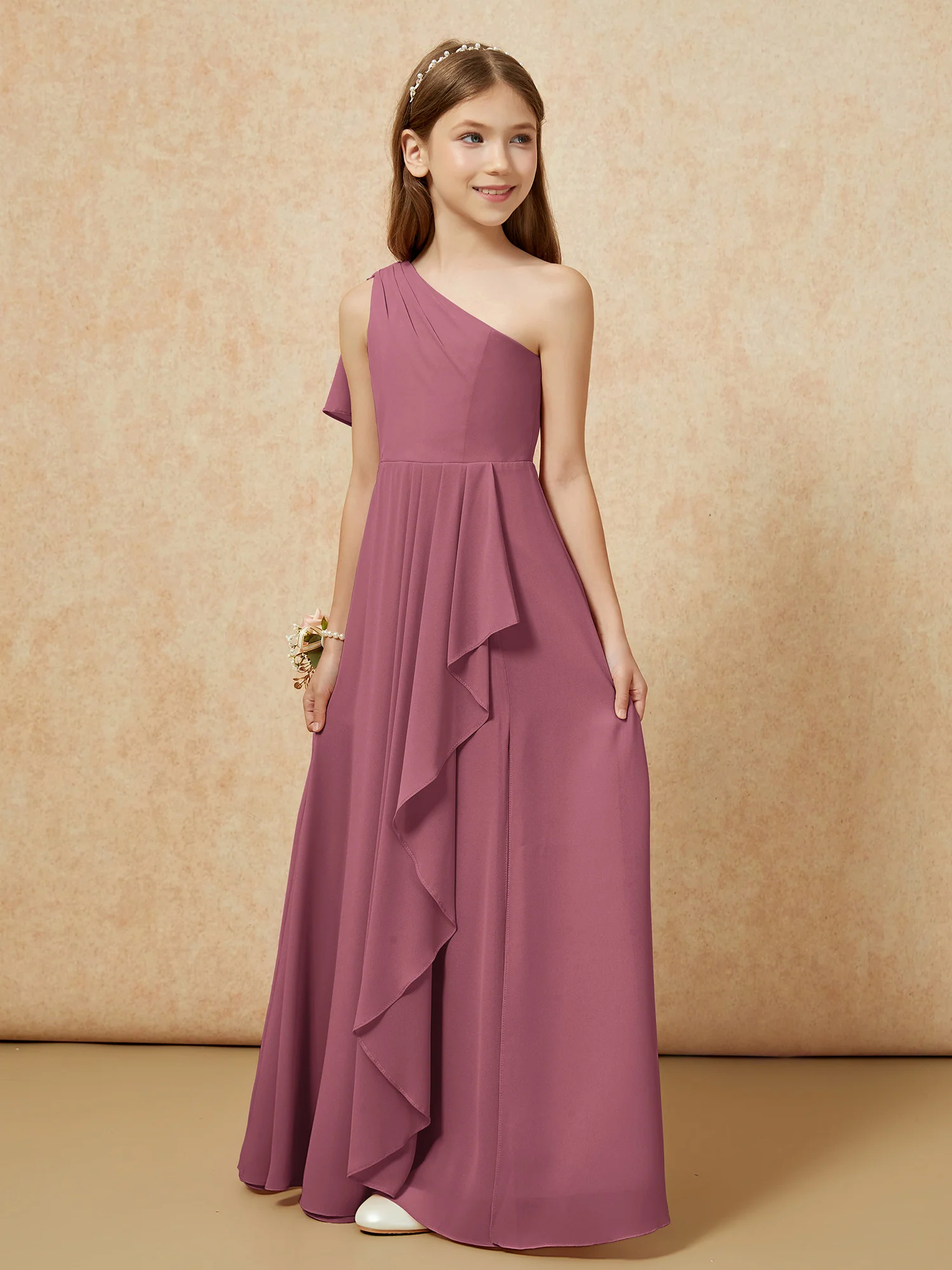 One Sholder A-line Long Chiffon Junior Bridesmaid Dress Mulberry - Image 5