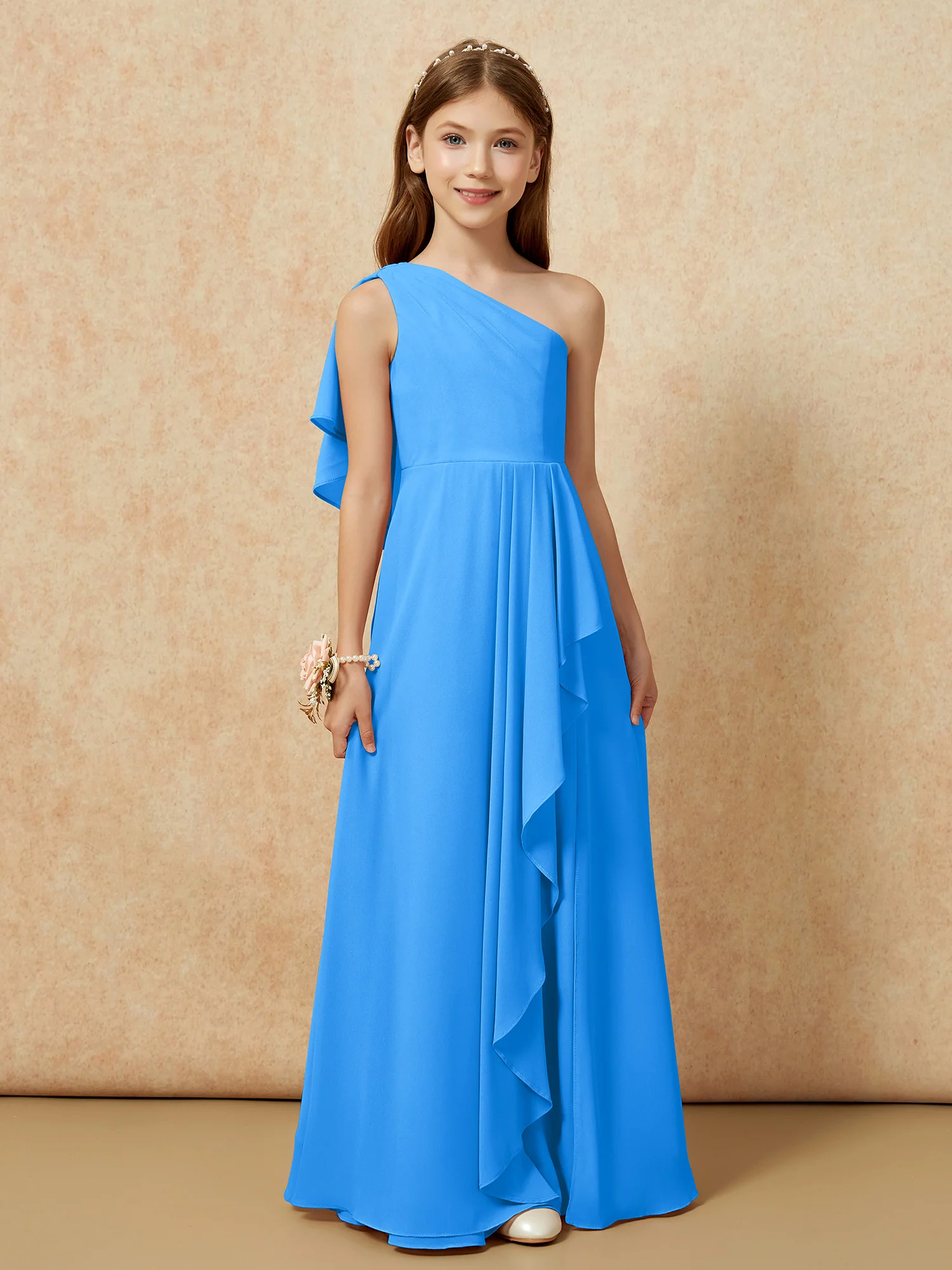 One Sholder A-line Long Chiffon Junior Bridesmaid Dress Ocean Blue - Image 4