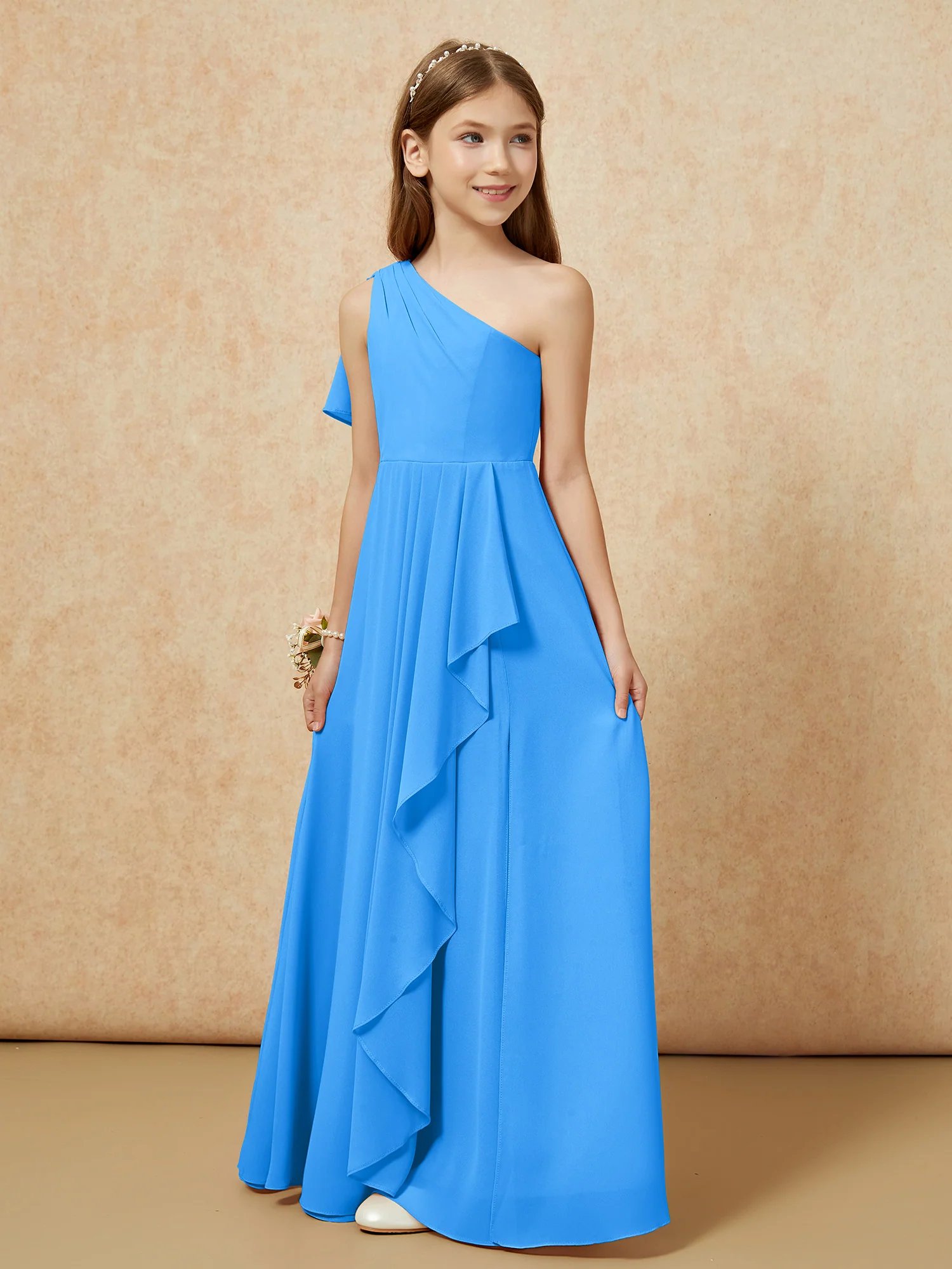 One Sholder A-line Long Chiffon Junior Bridesmaid Dress Ocean Blue - Image 5