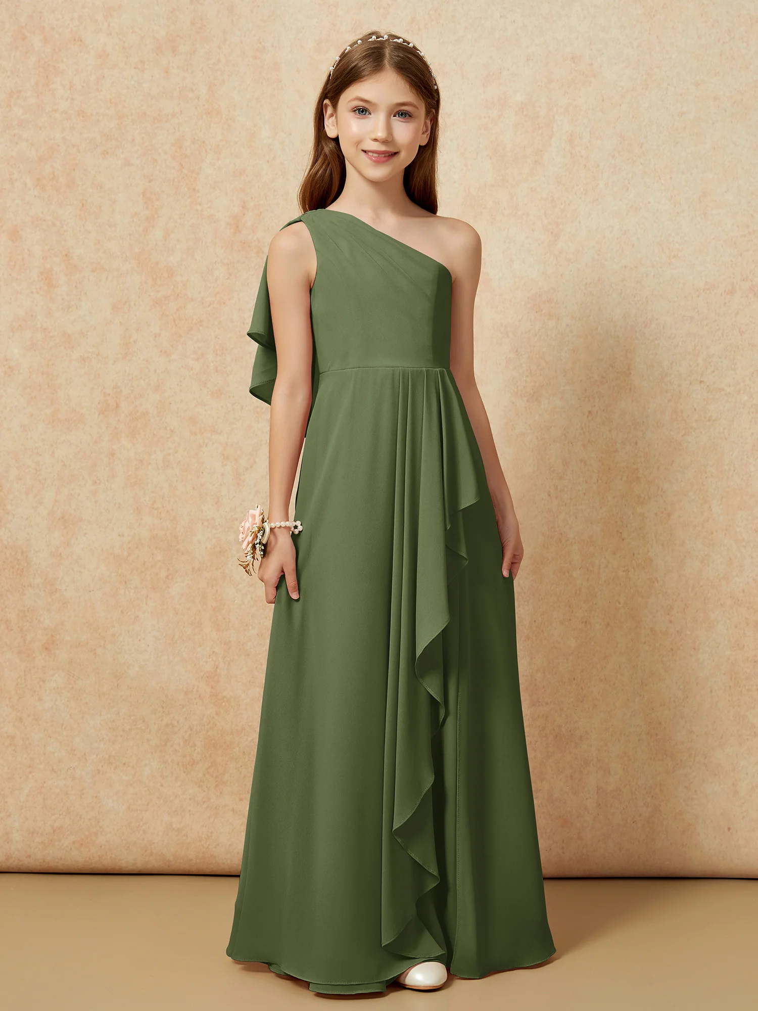 One Sholder A-line Long Chiffon Junior Bridesmaid Dress Olive Green - Image 4