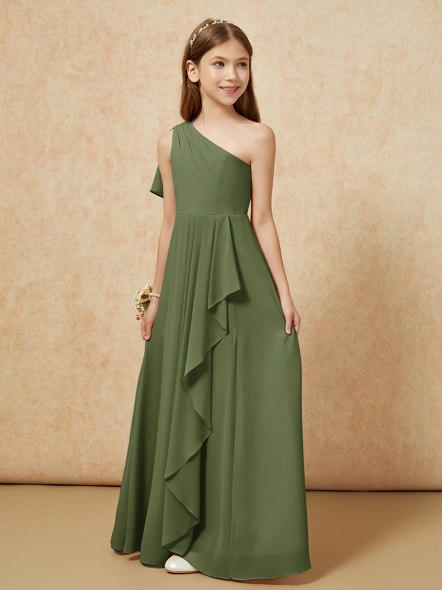 One Sholder A-line Long Chiffon Junior Bridesmaid Dress Olive Green - Image 5